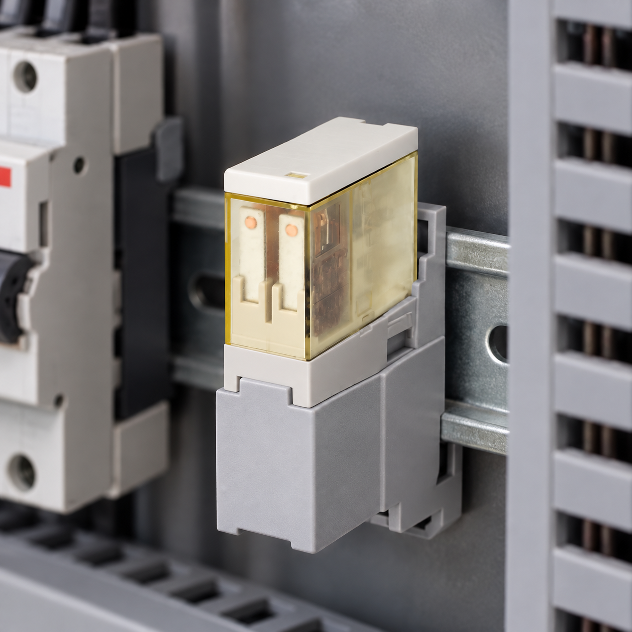 Relay installed in an indoor control cabinet ONPOW plug-in relay seated in a covered indoor control-panel socket