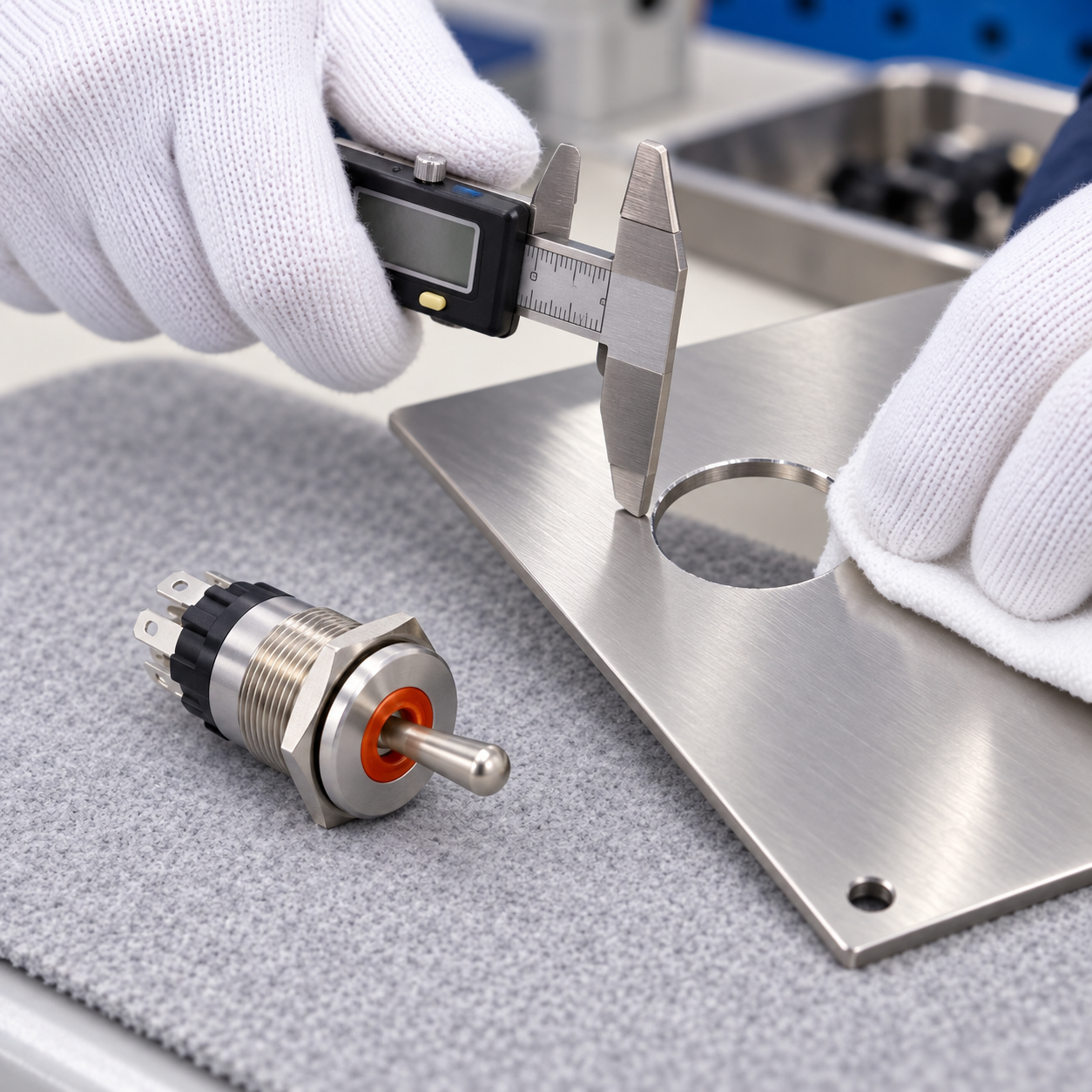 Indoor inspection of a stainless panel cutout next to an ONPOW7116 toggle switch