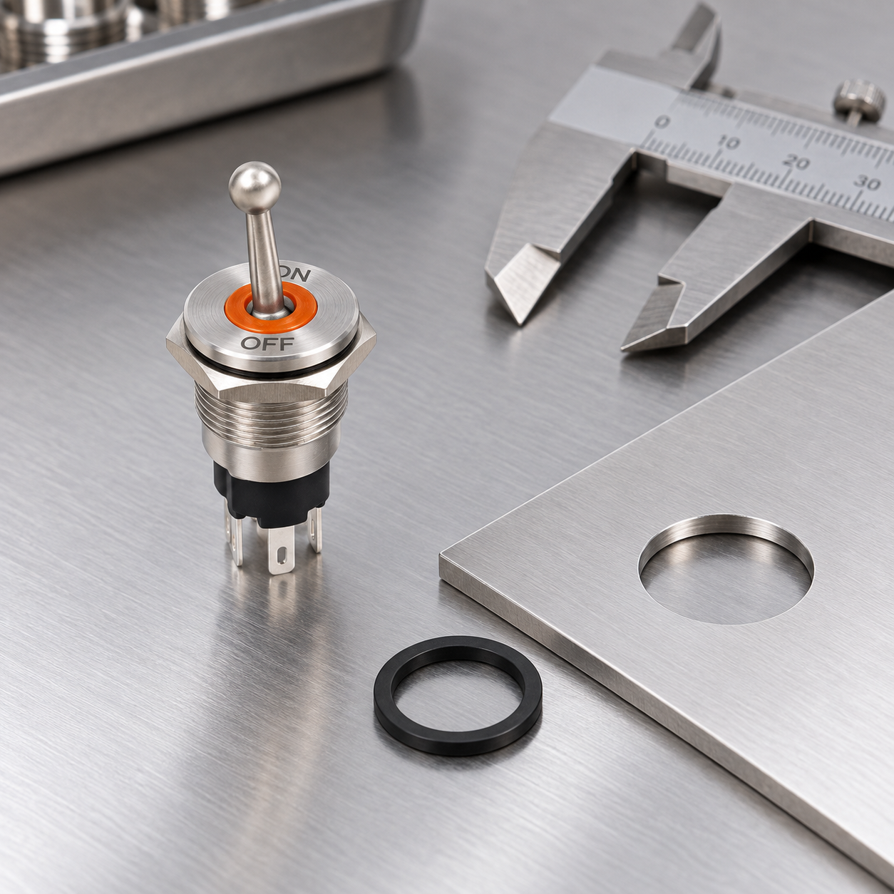 ONPOW7116 toggle switch beside panel cutout and a separate sealing ring on an indoor assembly bench