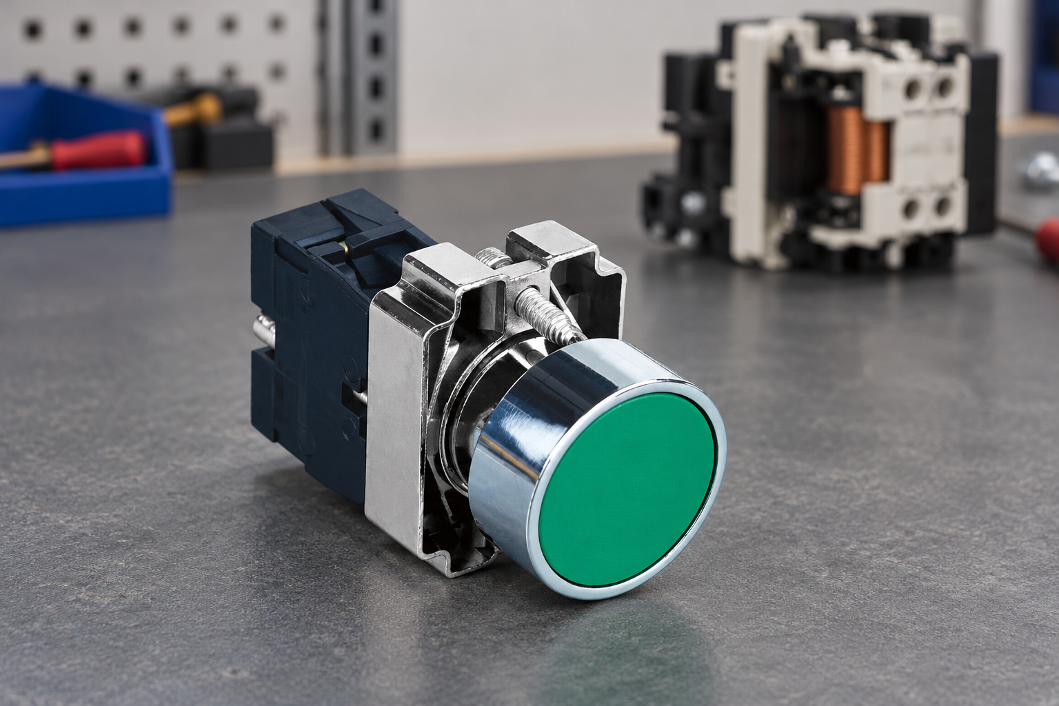 Green push button with an unconnected contactor in the background