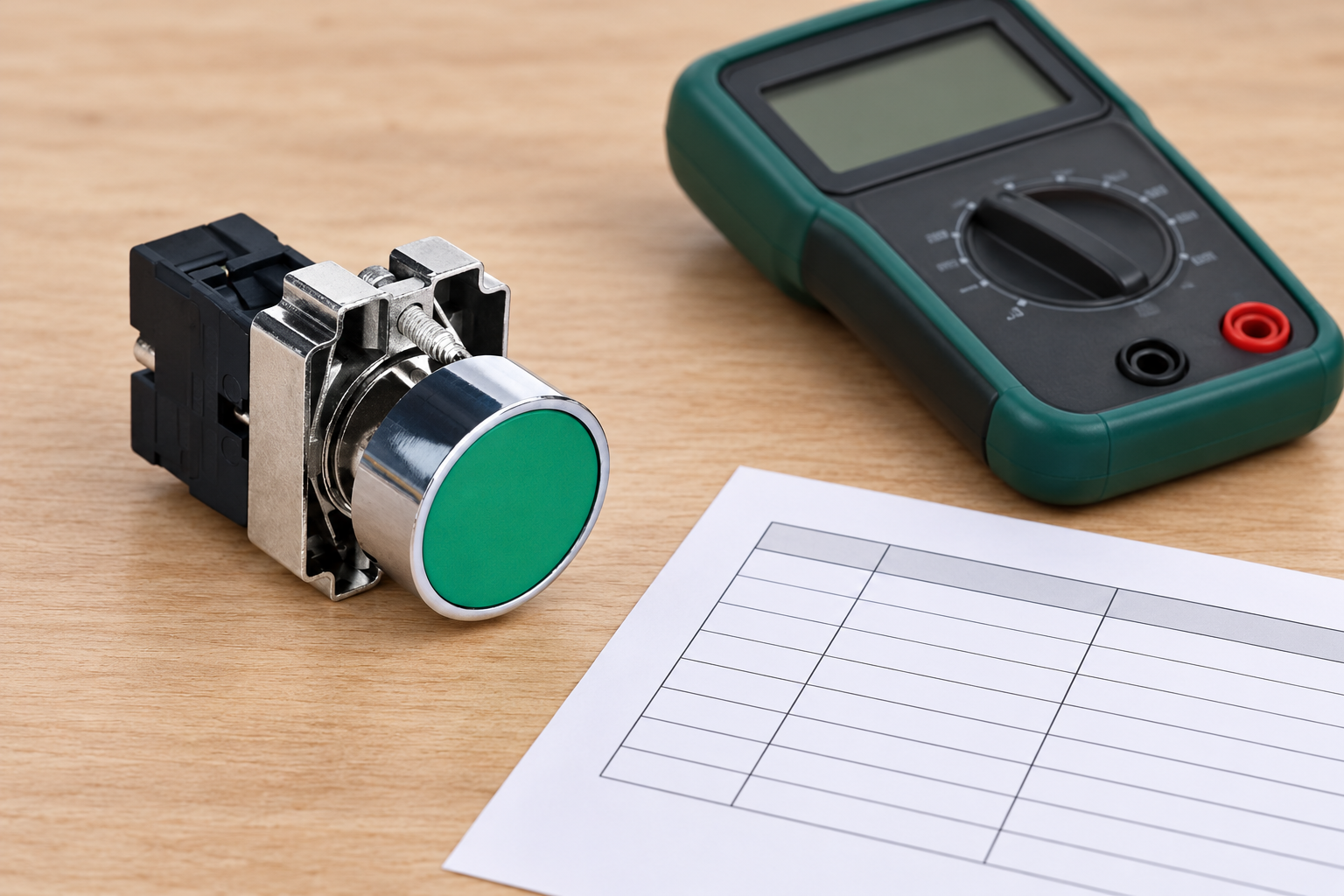 Green push button beside a meter and blank load-review worksheet