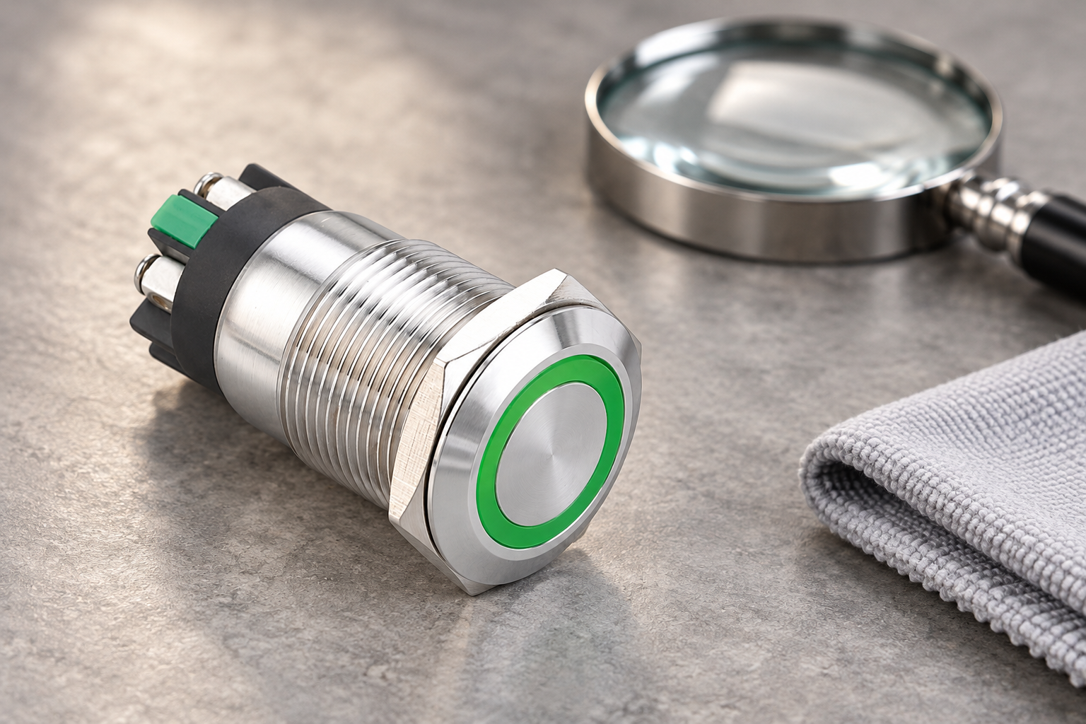 Intact button beside a detached magnifier and dry cloth