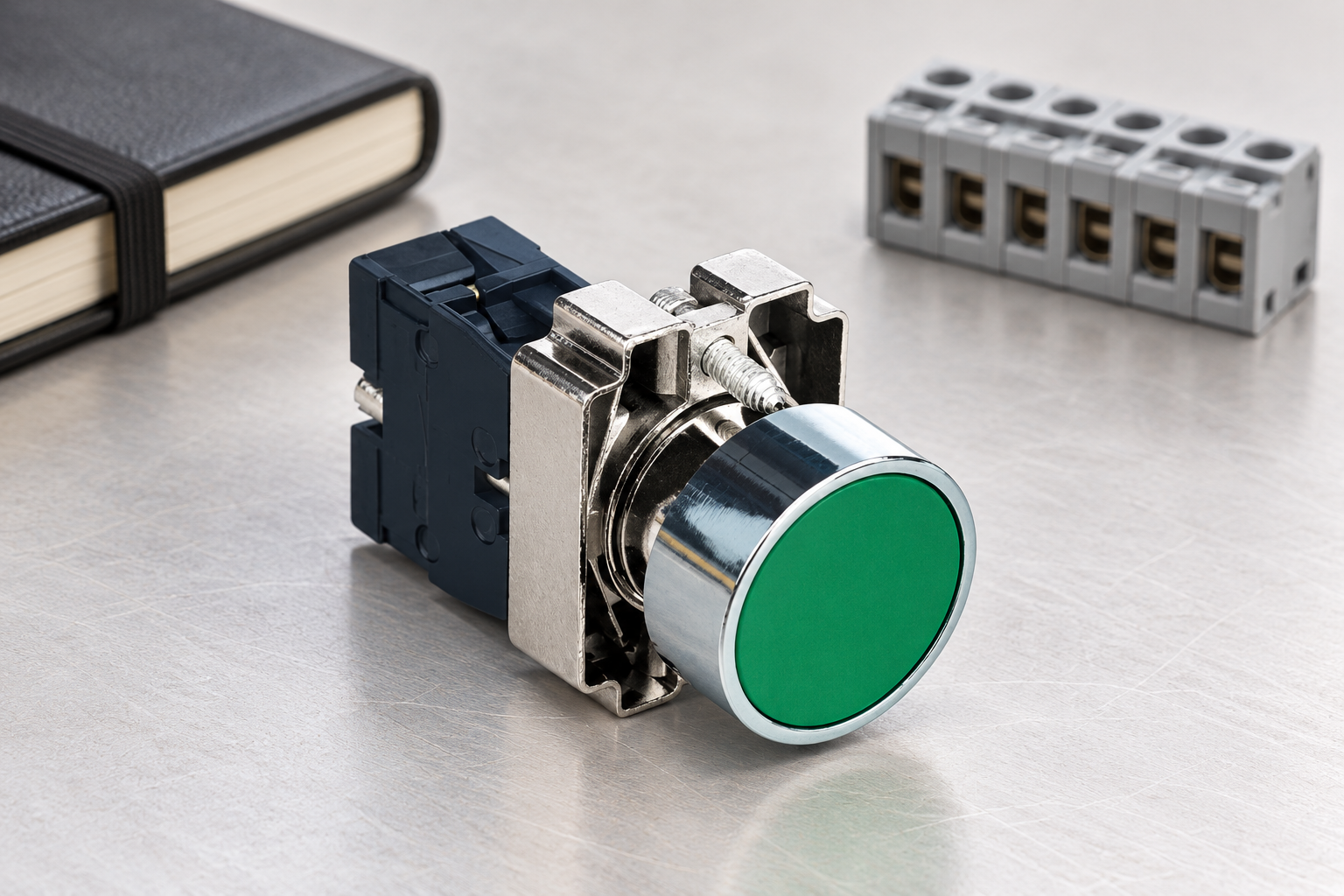 Green push button beside a disconnected controller terminal strip