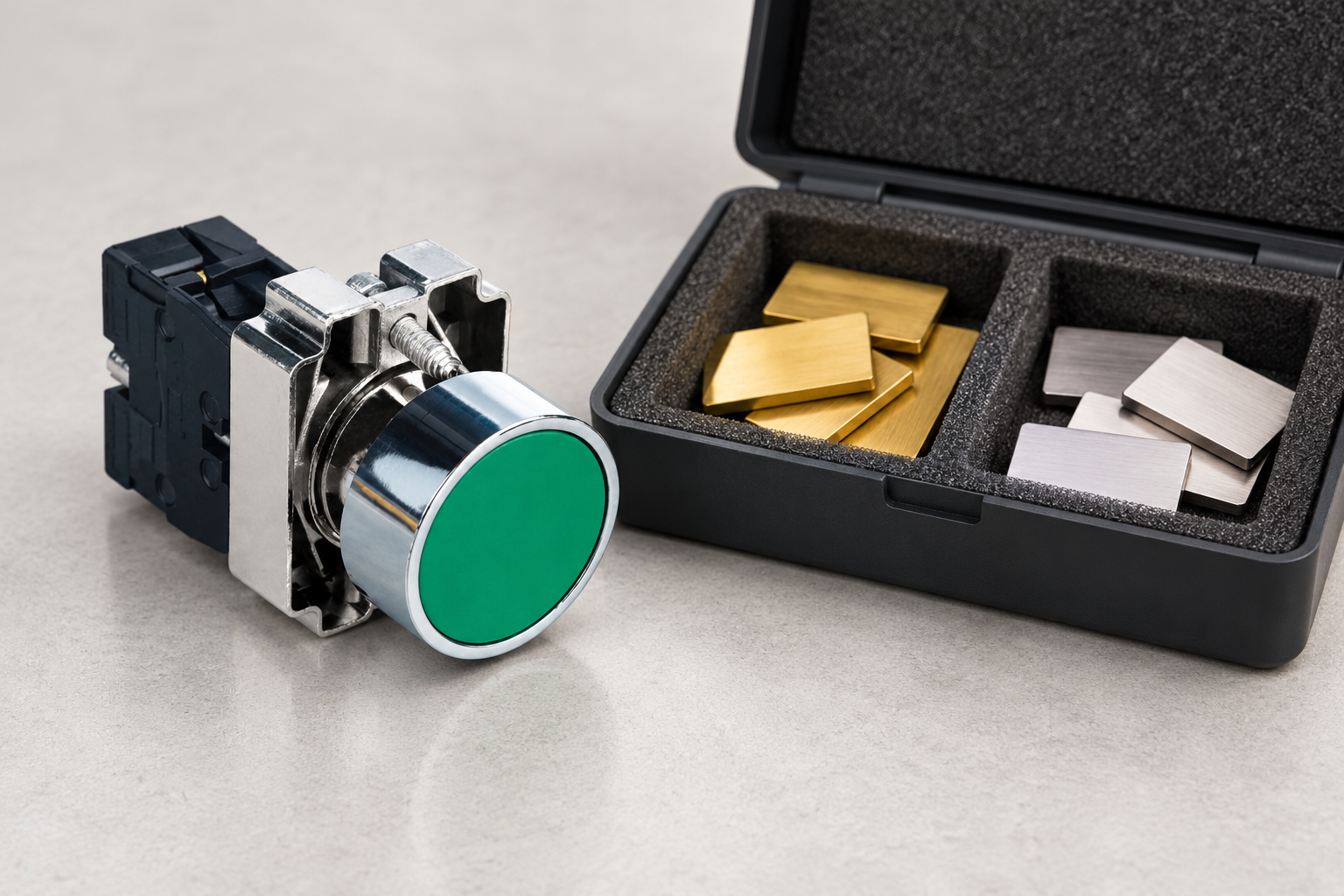 Green push button beside a tray of separate metal material samples