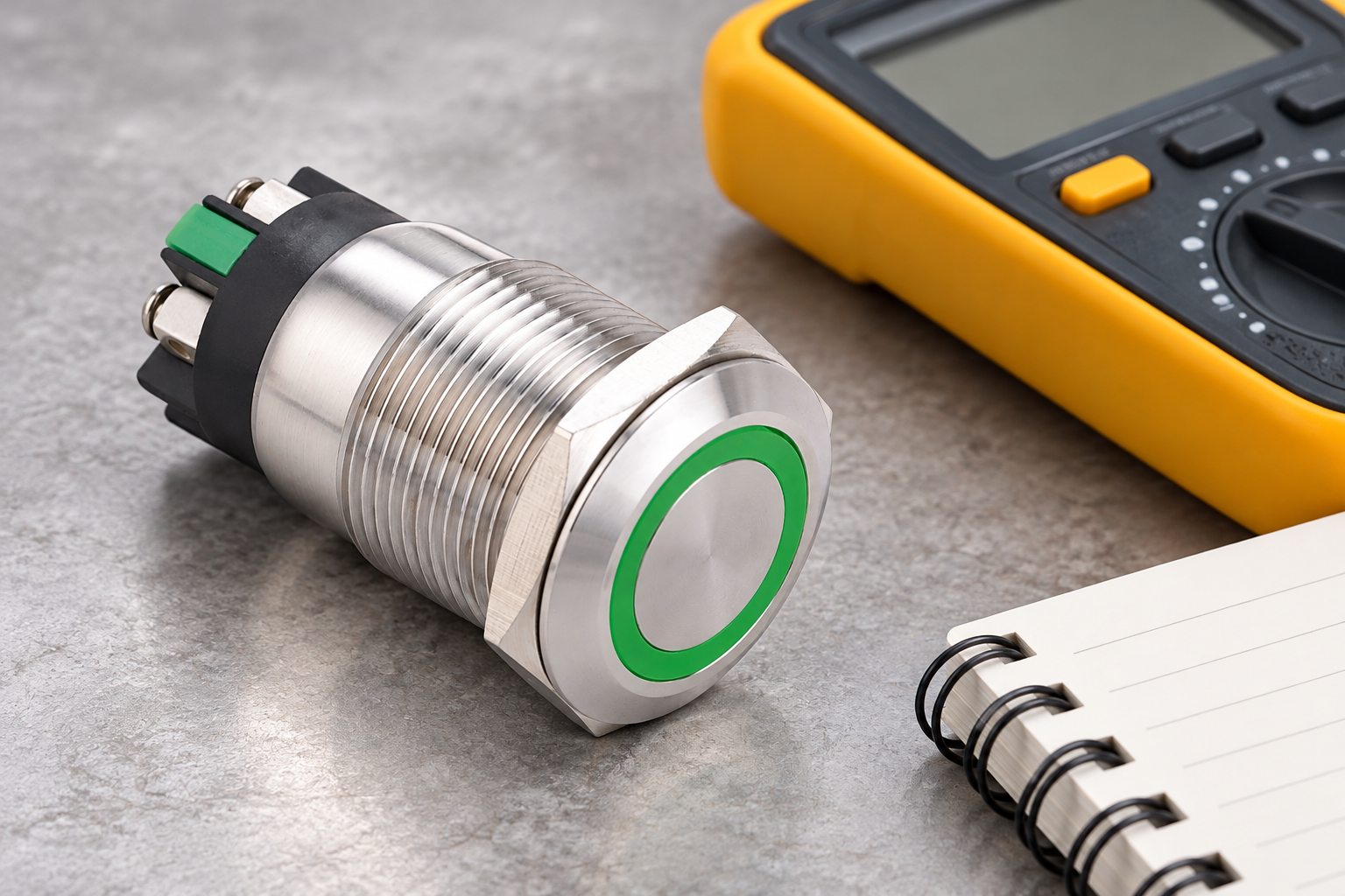 Reference-based illustration of a stainless ring-lit push button beside an unconnected meter and blank notebook
