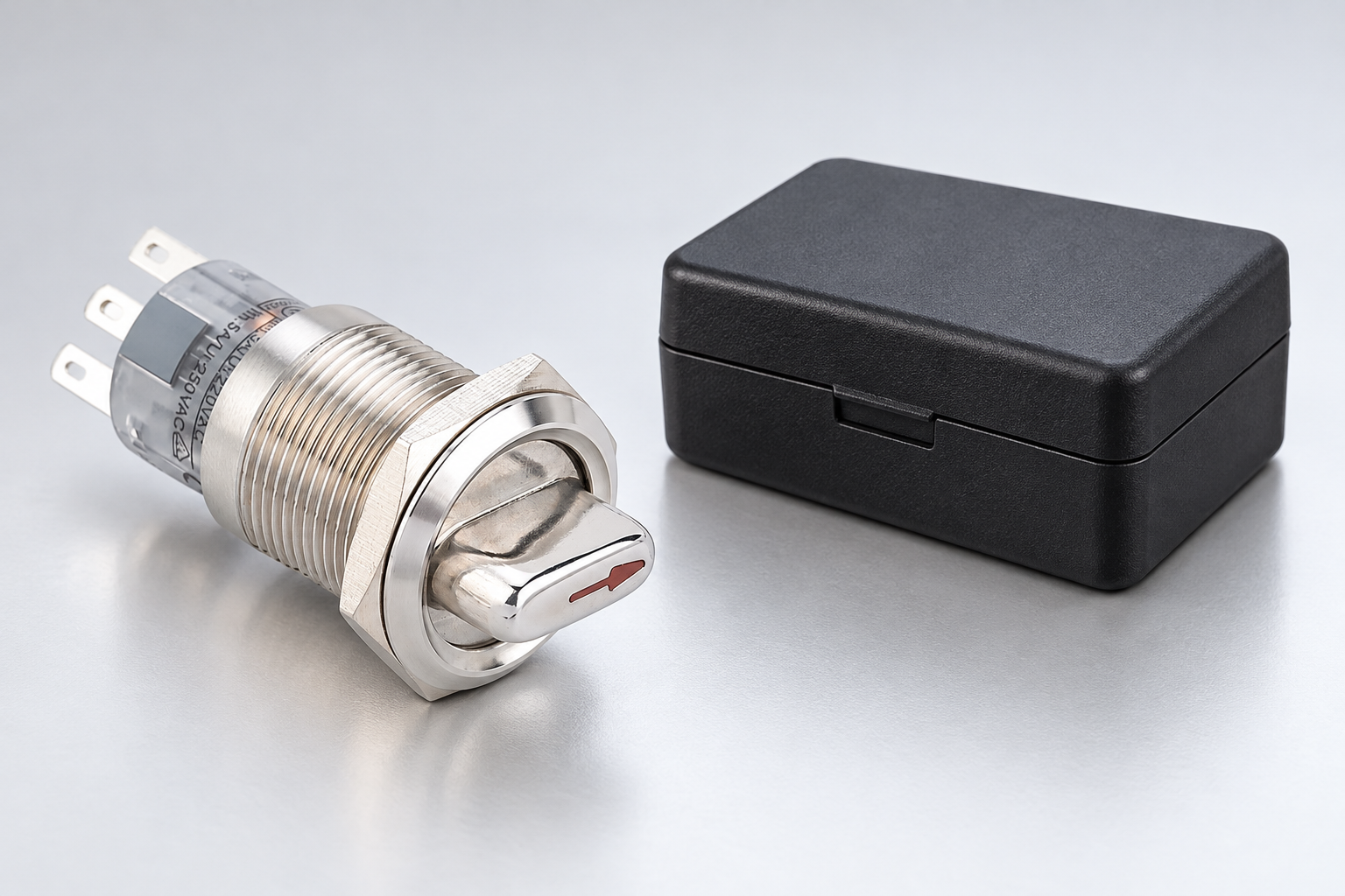 Reference-based illustration of a metal key switch with inserted metal key beside a separate closed key box