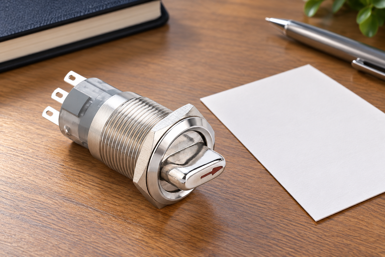 Reference-based illustration of a metal key switch with inserted metal key beside a blank handover card