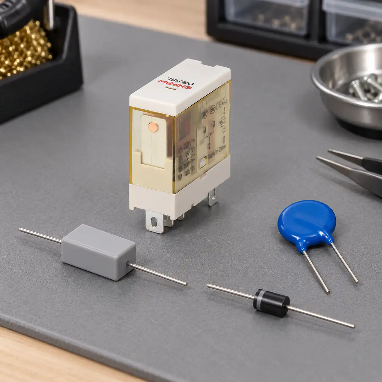 Separate examples of relay suppression components ONPOW ORJ1SL relay beside separate RC, MOV, and diode components on an indoor workbench