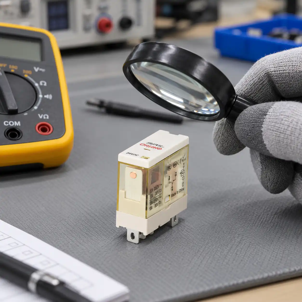 Inspecting a disconnected ORJ1SL relay Unpowered ONPOW ORJ1SL relay being visually inspected on an ESD mat with disconnected test equipment nearby