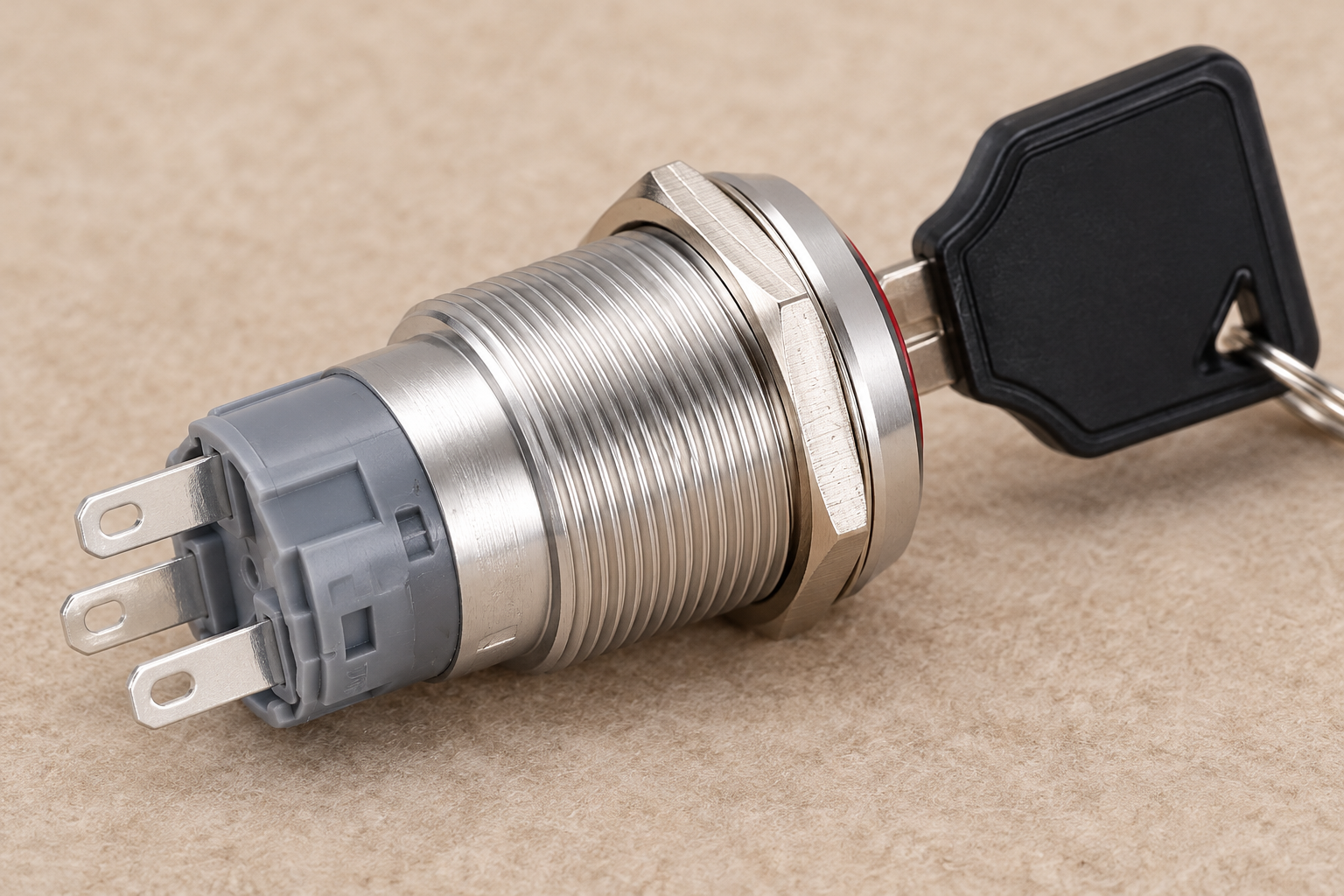 Illuminated Key Switches: Lamp Meaning and Contact Selection body1 Silver ONPOW keyed operator with original red ring and matching black key, unpowered during rear housing and connection-layout review