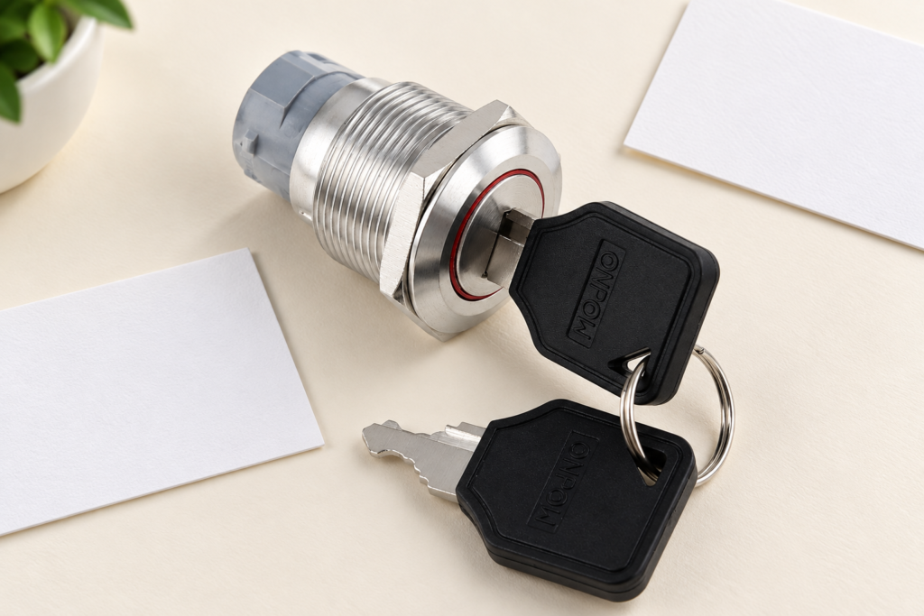Silver ONPOW keyed operator with original red ring and matching black key, unpowered beside blank specification cards