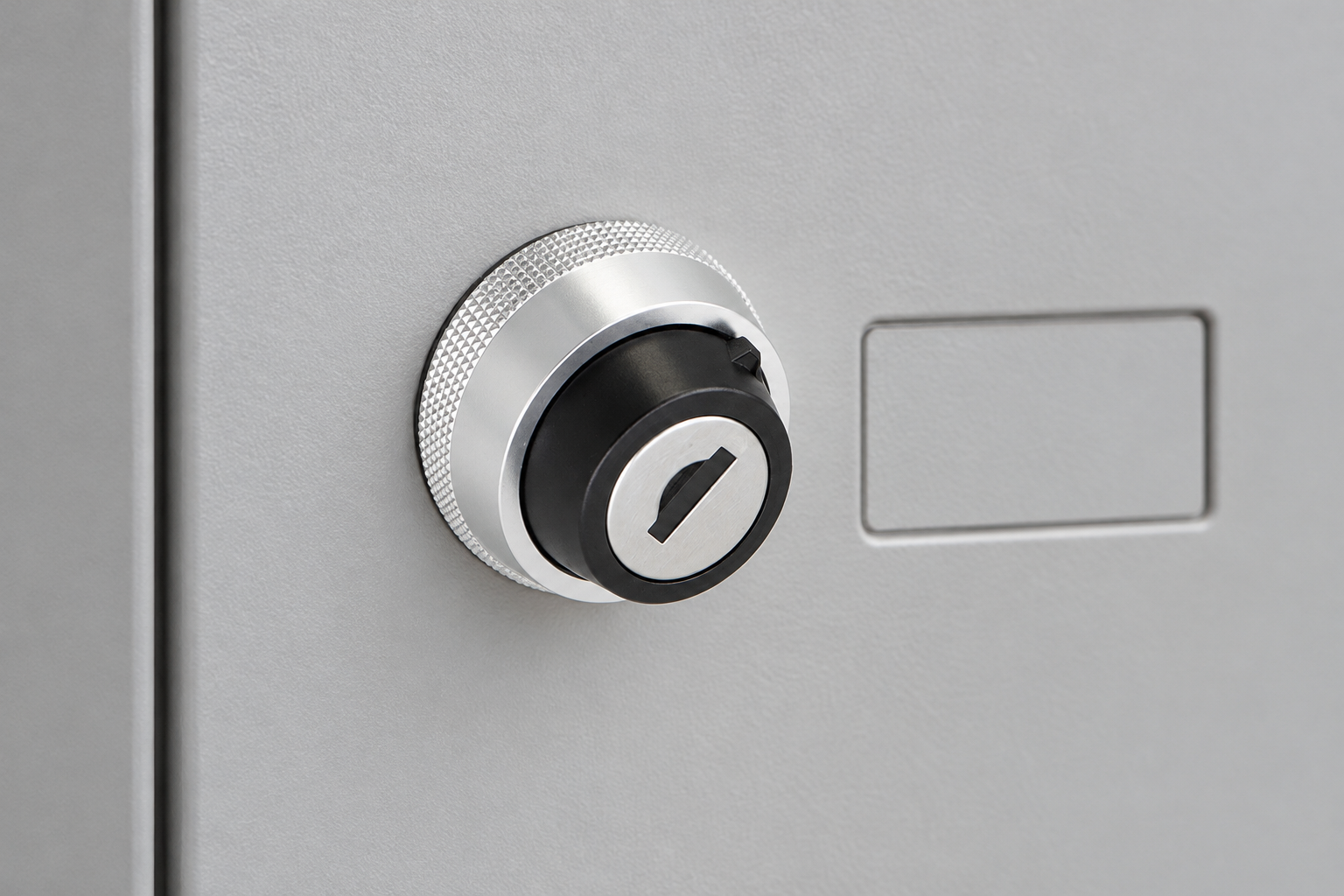 Waterproof Key Switches: Sealing and Environment Checks body2 Black ONPOW keyed operator with silver mounting ring and original red contact retaining assembly, dry installed on a closed dry indoor enclosure door