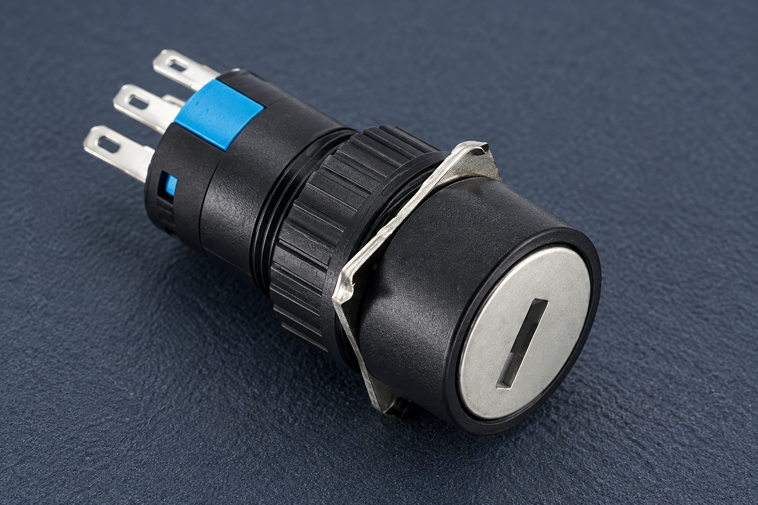 12V and 24V Key Switches: Contact Duty and Input Selection body1 Black keyed operator with silver keyslot face and original blue rear segments, disconnected during rear housing and connection-layout review