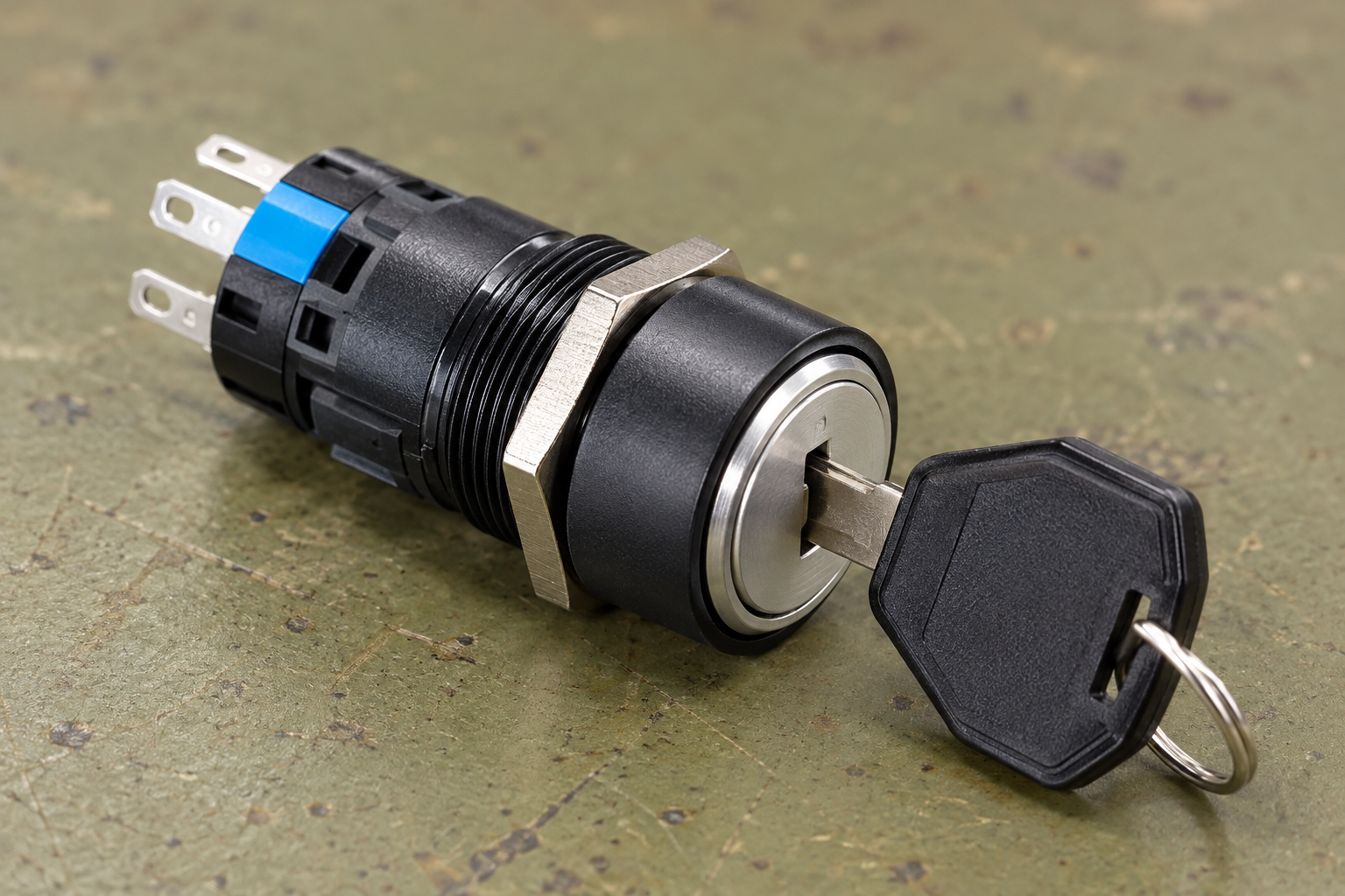 Key Switch Removal Positions: Captive and Removable Keys body1 Black ONPOW keyed operator with inserted key and original blue rear segments during rear housing and connection-layout review