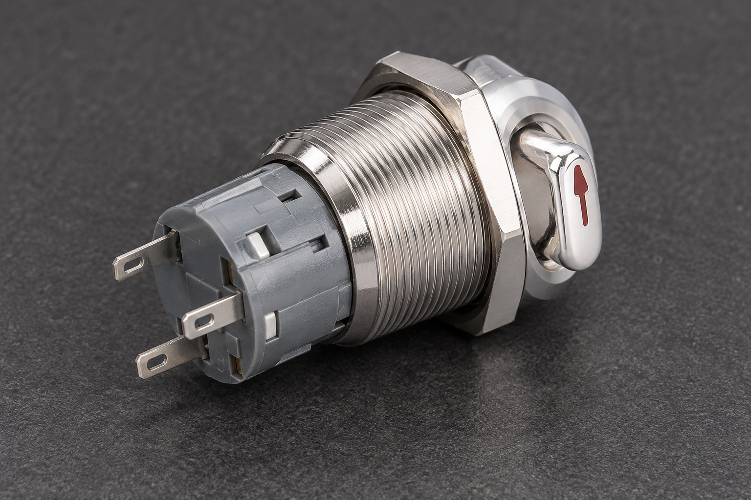 Illuminated Selector Switches: Position and Lamp Feedback body1 Silver ONPOW rotary selector with its original oval lever and red directional arrow, unpowered during rear housing and connection-layout review