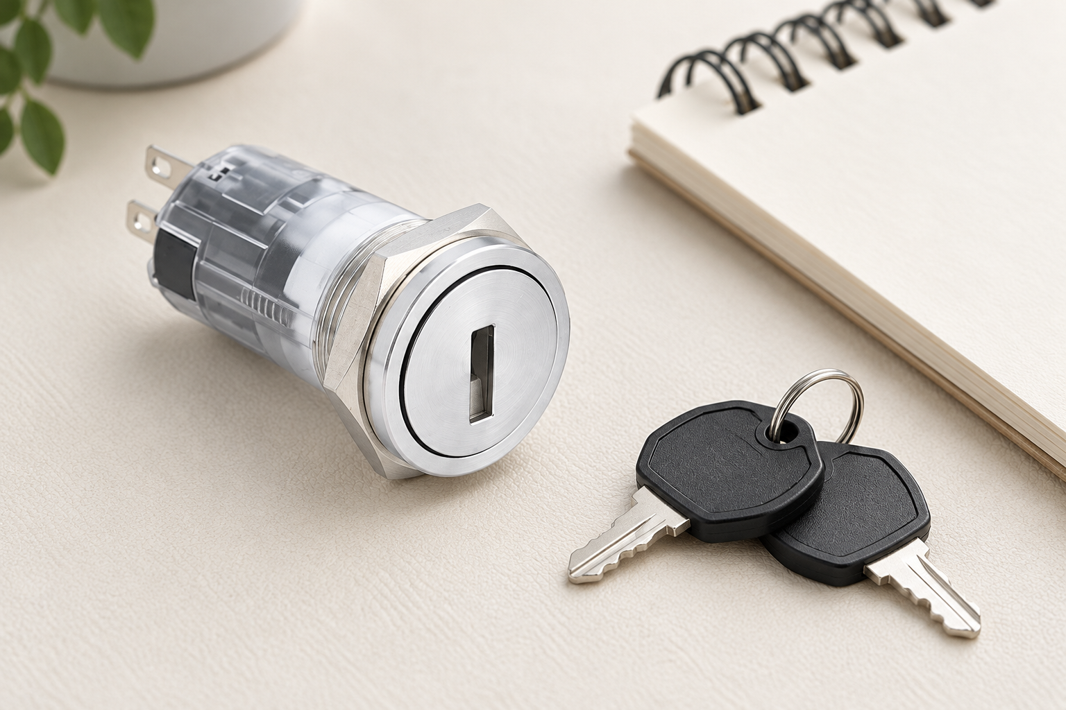 Key switch selection - body1 Disconnected silver ONPOW keyed operator and loose keys during specification review