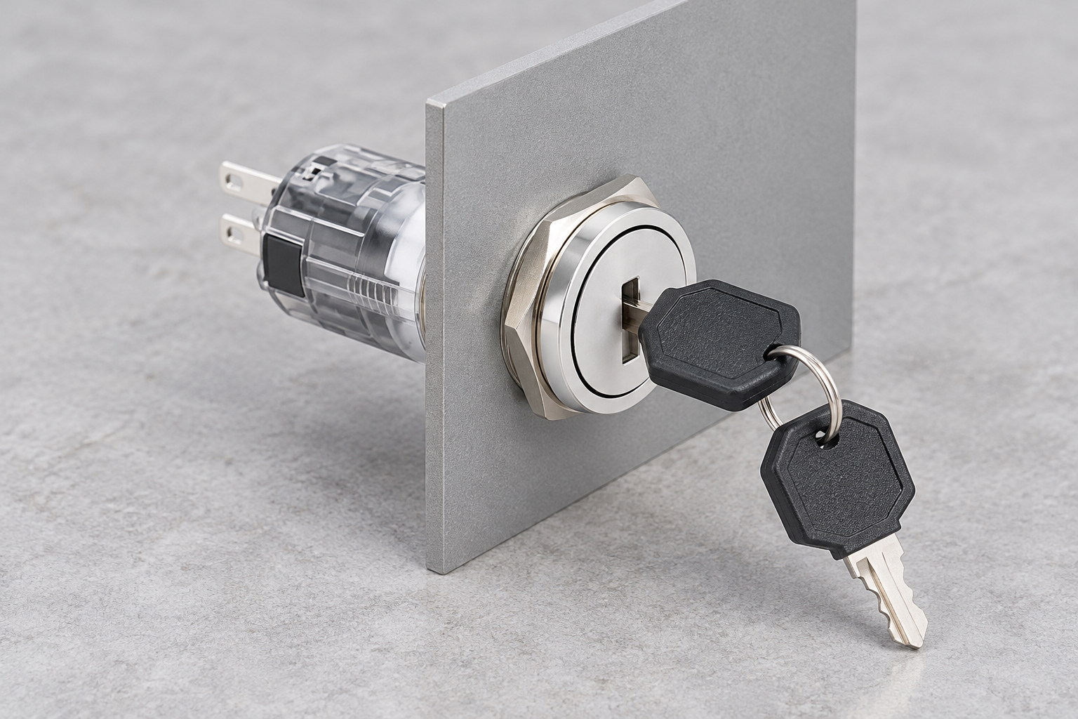 Key switch selection - body2 Silver ONPOW keyed operator mounted in a detached panel coupon with a key inserted