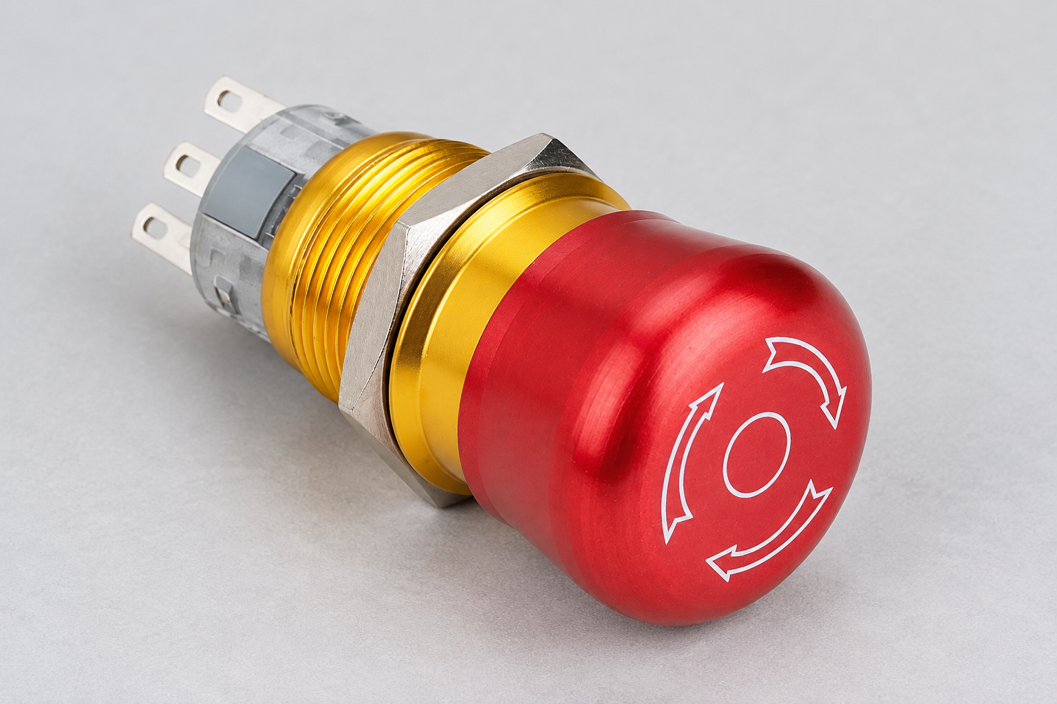Emergency Stop Circuit Diagrams: Dual-Channel NC Review body1 Red ONPOW mushroom button with gold mounting thread, original white release arrows and gray rear pin-terminal assembly during document or mounting inspection, disconnected