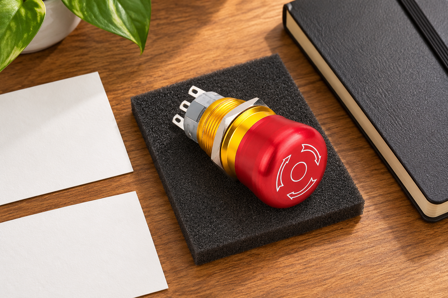 Emergency Stop Circuit Diagrams: Dual-Channel NC Review body2 Red ONPOW mushroom button with gold mounting thread, original white release arrows and gray rear pin-terminal assembly during procurement or environmental specification review, disconnected