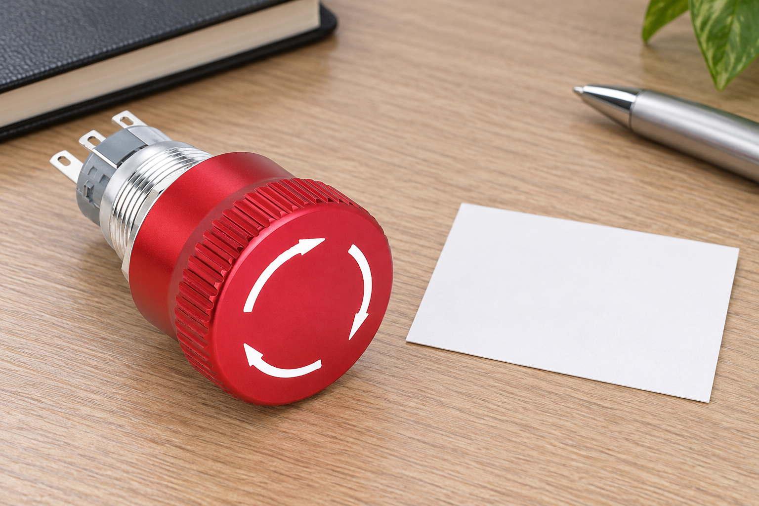 Emergency Stop Button Symbols: Contacts, Markings and Drawings body1 Red ONPOW mushroom button with silver thread, white circular release arrows and gray rear pin-terminal assembly during document or mounting inspection, disconnected