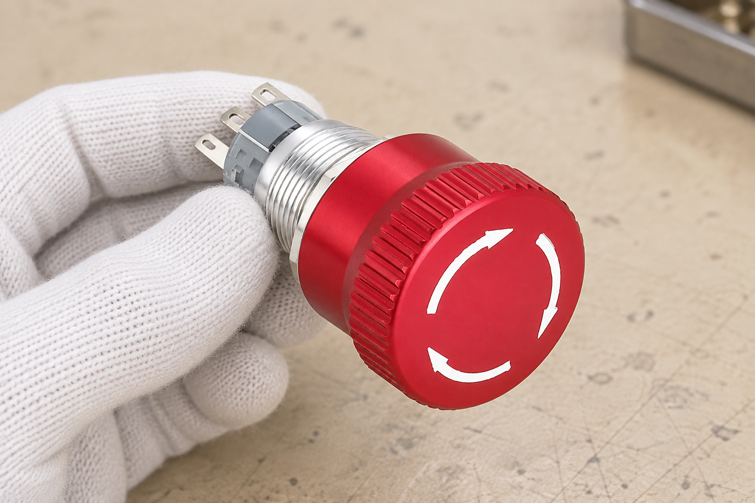Emergency Stop Button Symbols: Contacts, Markings and Drawings body2 Red ONPOW mushroom button with silver thread, white circular release arrows and gray rear pin-terminal assembly during procurement or environmental specification review, disconnected and held by a gloved hand