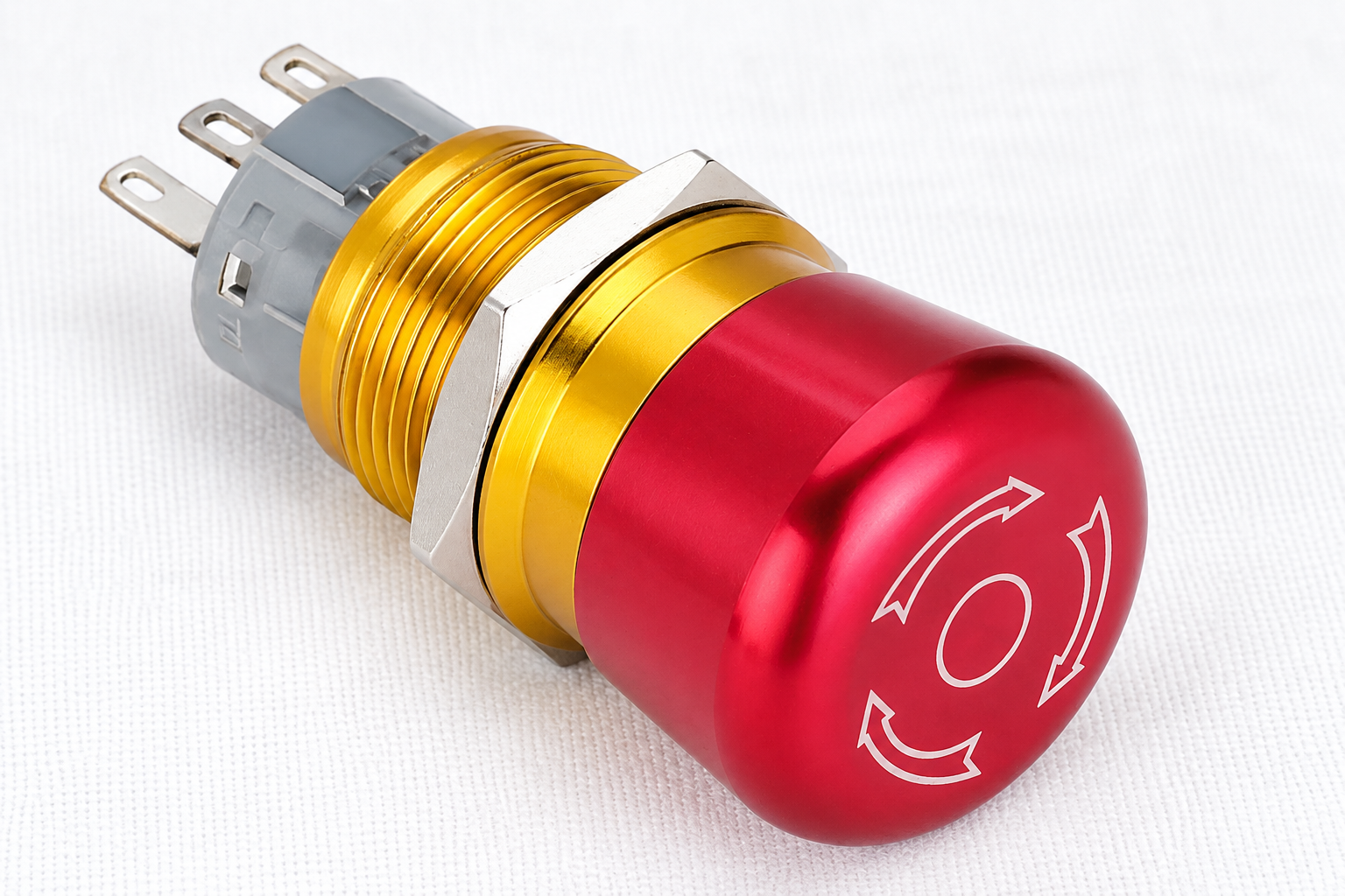 Red ONPOW mushroom button with gold mounting thread, hexagonal nut, white release arrows and gray pin-terminal assembly during document or mounting inspection, disconnected