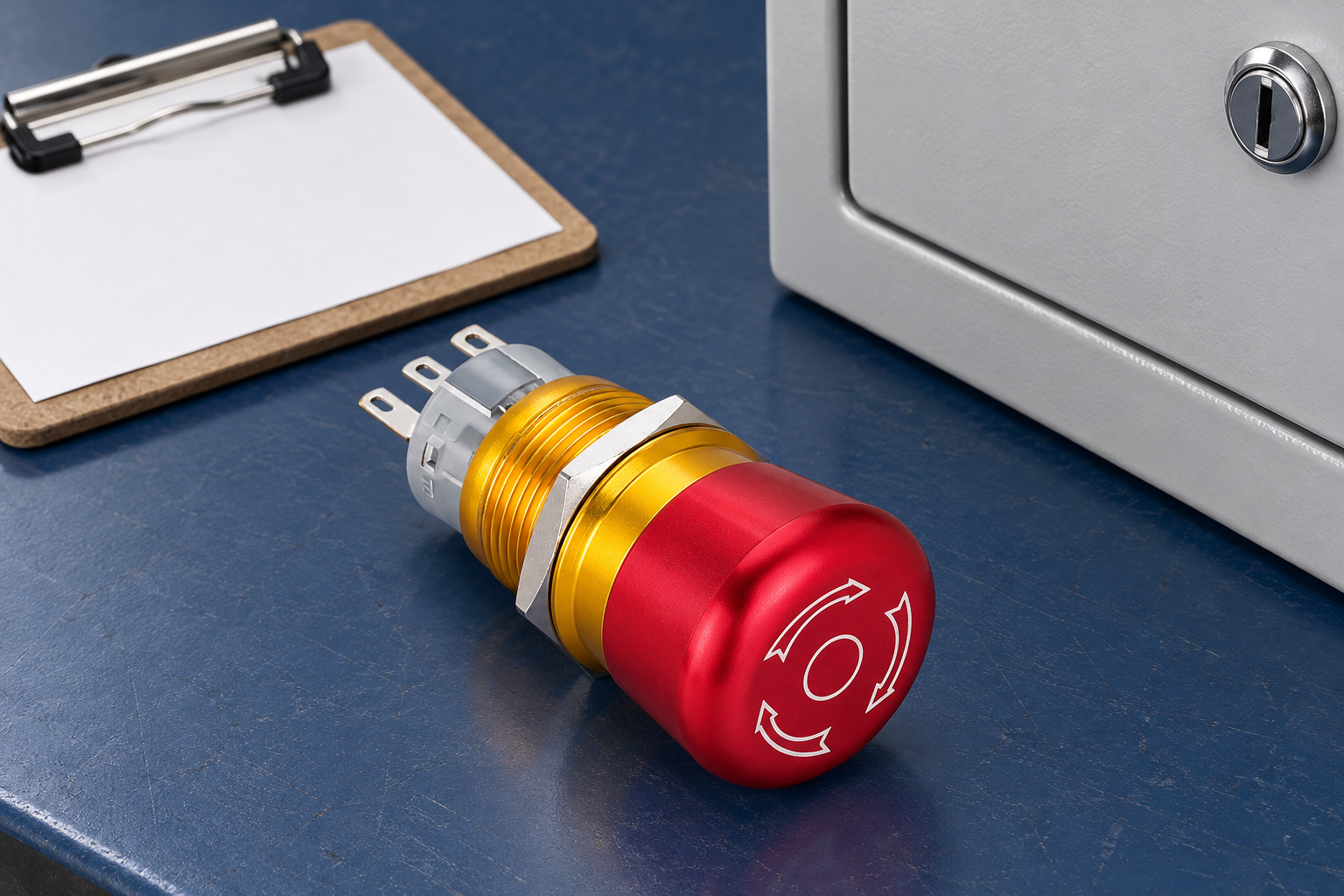 Red ONPOW mushroom button with gold mounting thread, hexagonal nut, white release arrows and gray pin-terminal assembly during procurement or environmental specification review, disconnected