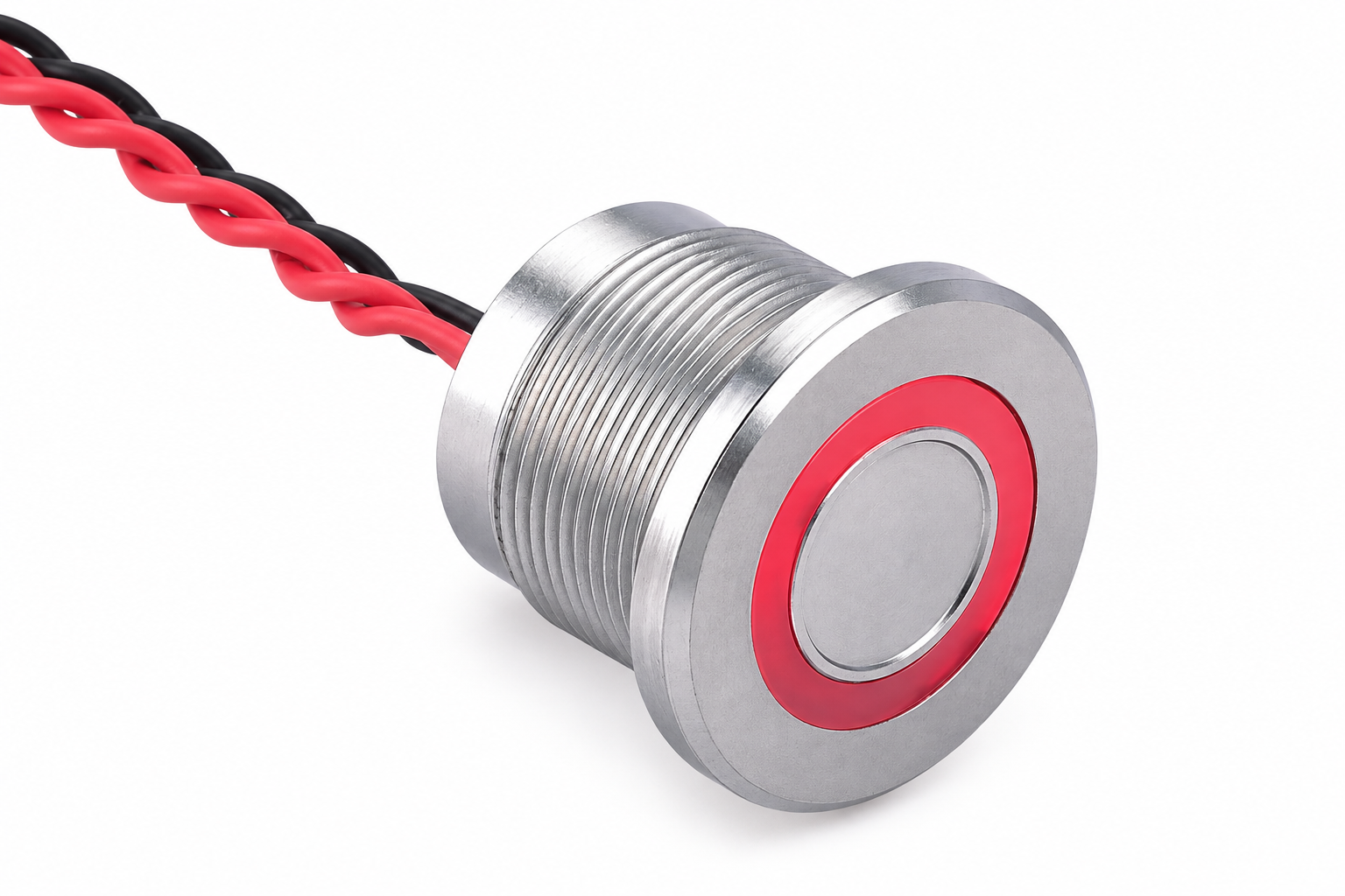Piezo switch input interface body1 Silver threaded piezo panel button with flat silver center, red ring and twisted red and black insulated rear leads, disconnected on a dry evaluation bench