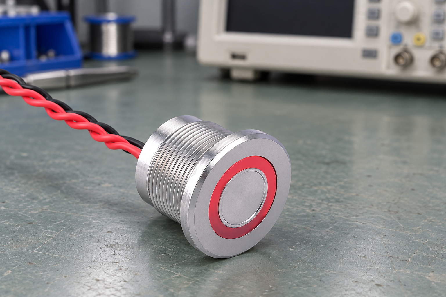 Piezo switch input interface body2 Silver threaded piezo panel button with flat silver center, red ring and twisted red and black insulated rear leads, disconnected on a dry evaluation bench