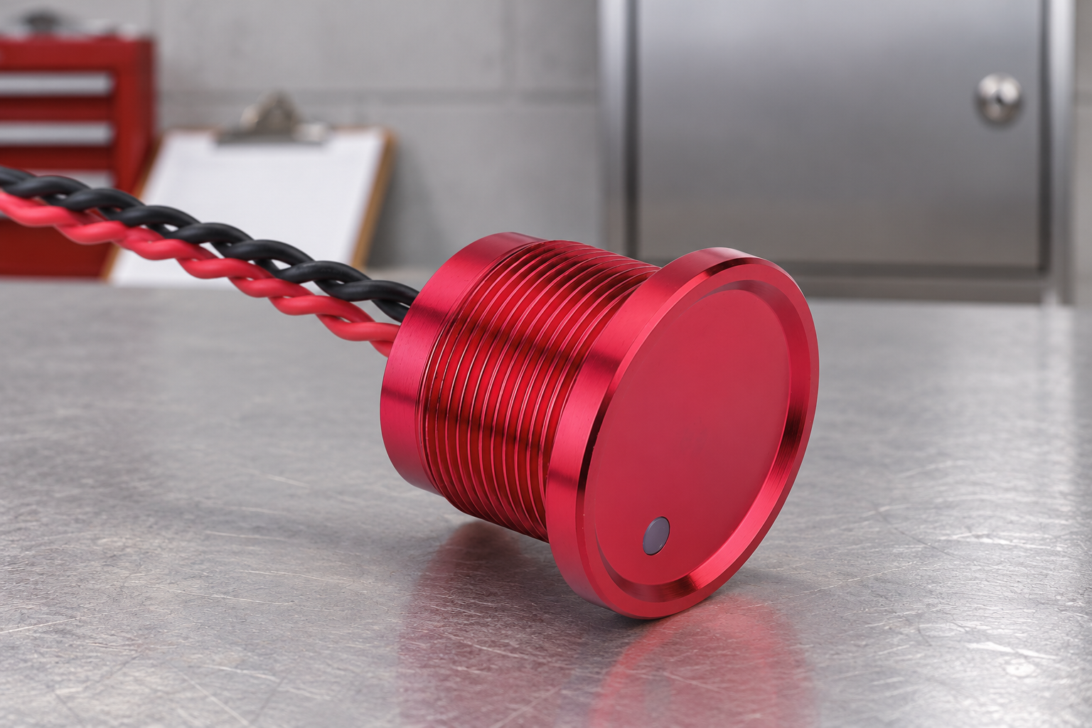Washdown piezo switch evaluation body2 All-red threaded piezo button with flat red face, small gray indicator dot and twisted insulated red and black rear leads, disconnected on a dry stainless inspection surface