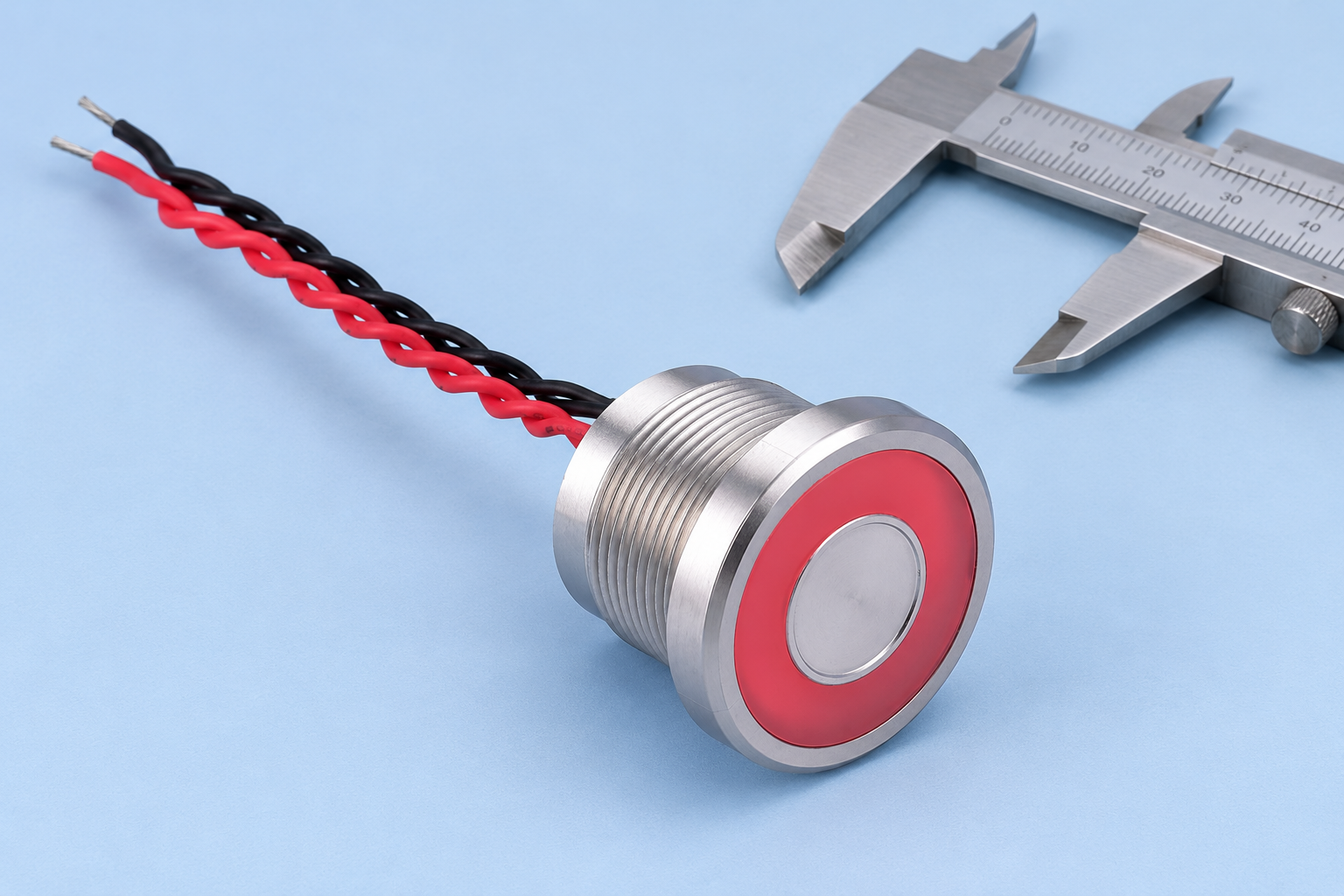 Piezo switch supplier sample qualification body1 Silver threaded piezo button with flat silver center and red ring, with twisted insulated red and black rear leads, disconnected during sample review