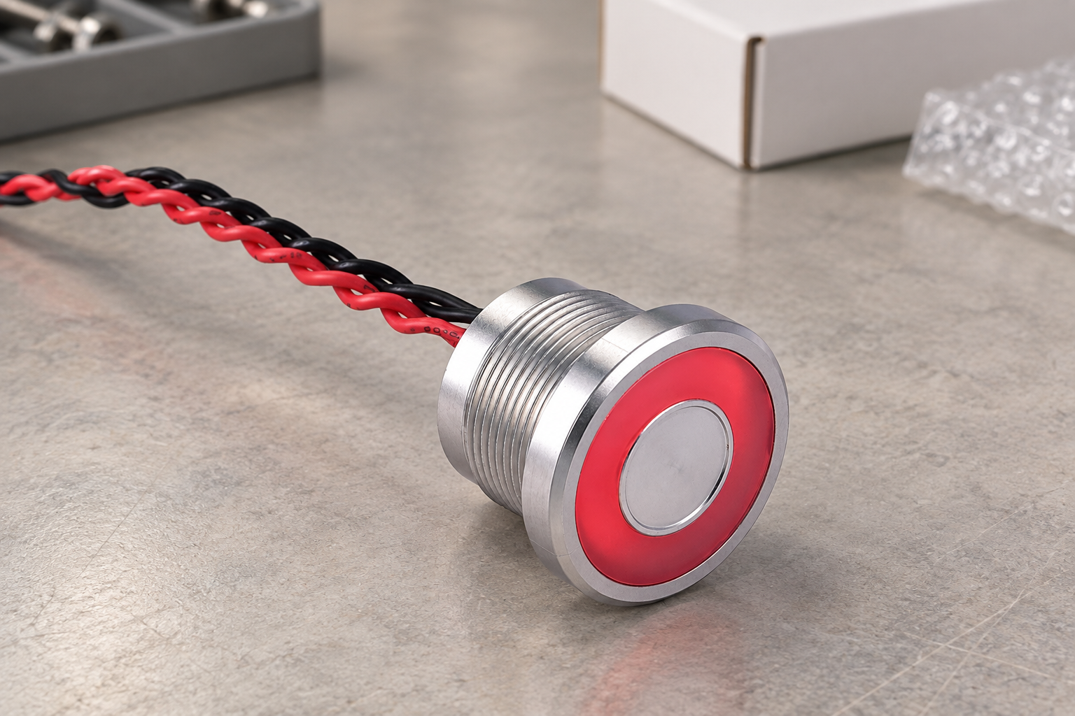 Piezo switch supplier sample qualification body2 Silver threaded piezo button with flat silver center and red ring, with twisted insulated red and black rear leads, disconnected during sample review