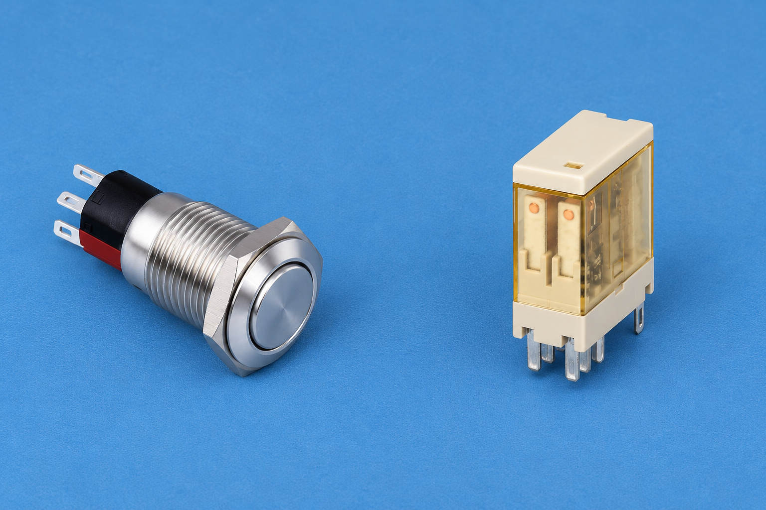 Manual button and electromechanical relay body1 Plain silver threaded ONPOW6116 push button and cream amber ORJ2SL relay, disconnected on an inspection surface