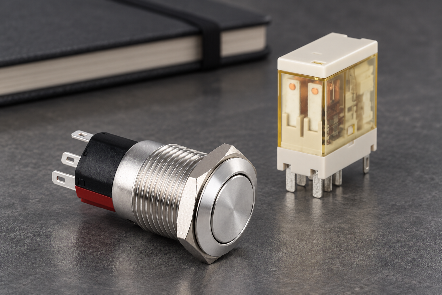 Manual button and electromechanical relay body2 Plain silver threaded ONPOW6116 push button and cream amber ORJ2SL relay, disconnected on an inspection surface