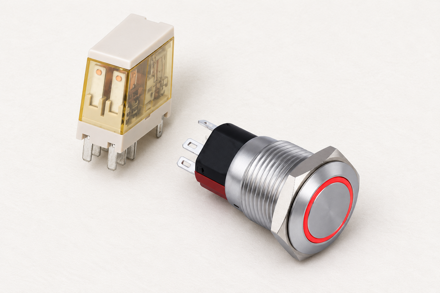 Relay technology comparison body1 Silver flat-face red-ring button with threaded shell and black red rear module beside a disconnected cream amber relay on off-white document pad