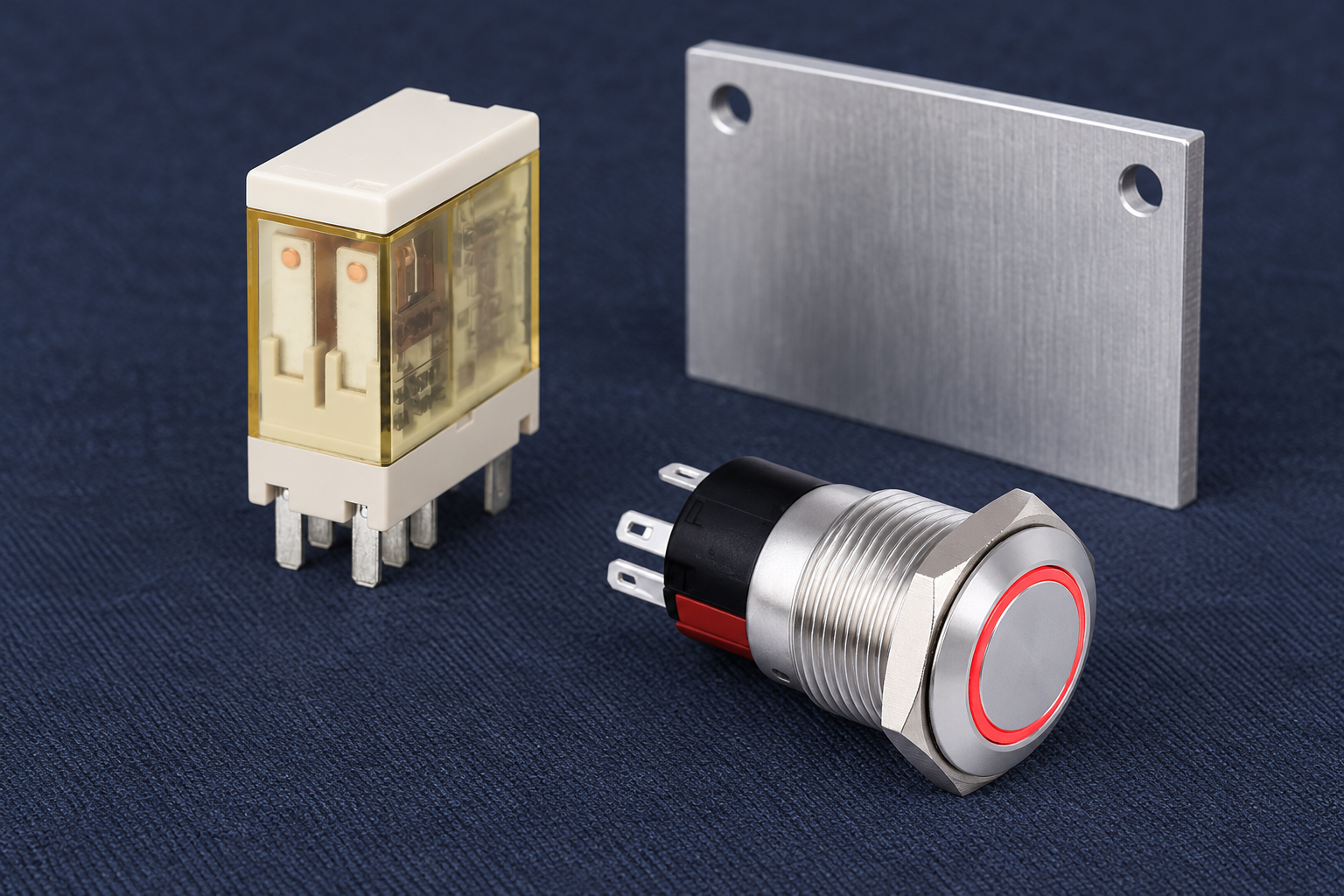 Relay technology comparison body2 Silver flat-face red-ring button with threaded shell and black red rear module beside a disconnected cream amber relay on navy inspection cloth beside a separate unused metal plate