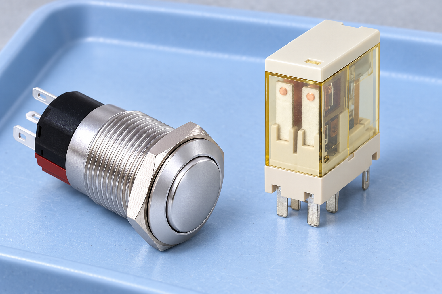 Plug-in relay compatibility inspection body1 Plain convex silver-face button with threaded shell and black red rear module beside a disconnected cream amber relay on blue inspection tray
