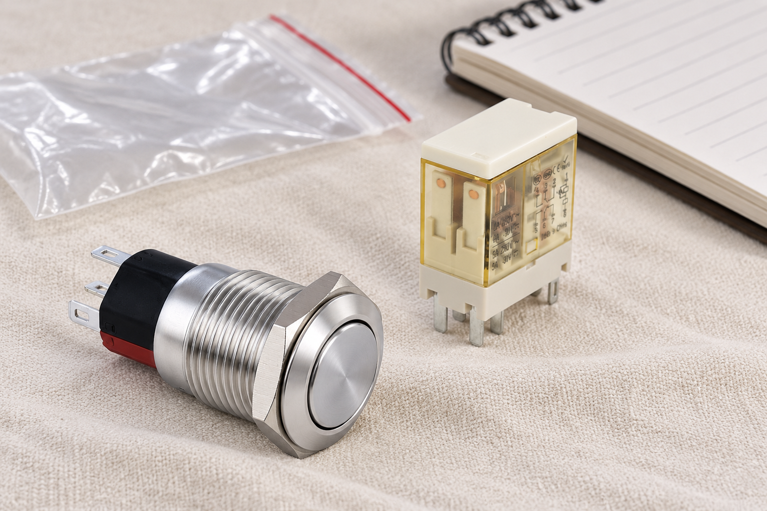 Plug-in relay compatibility inspection body2 Plain convex silver-face button with threaded shell and black red rear module beside a disconnected cream amber relay on cream maintenance cloth with separate parts bag