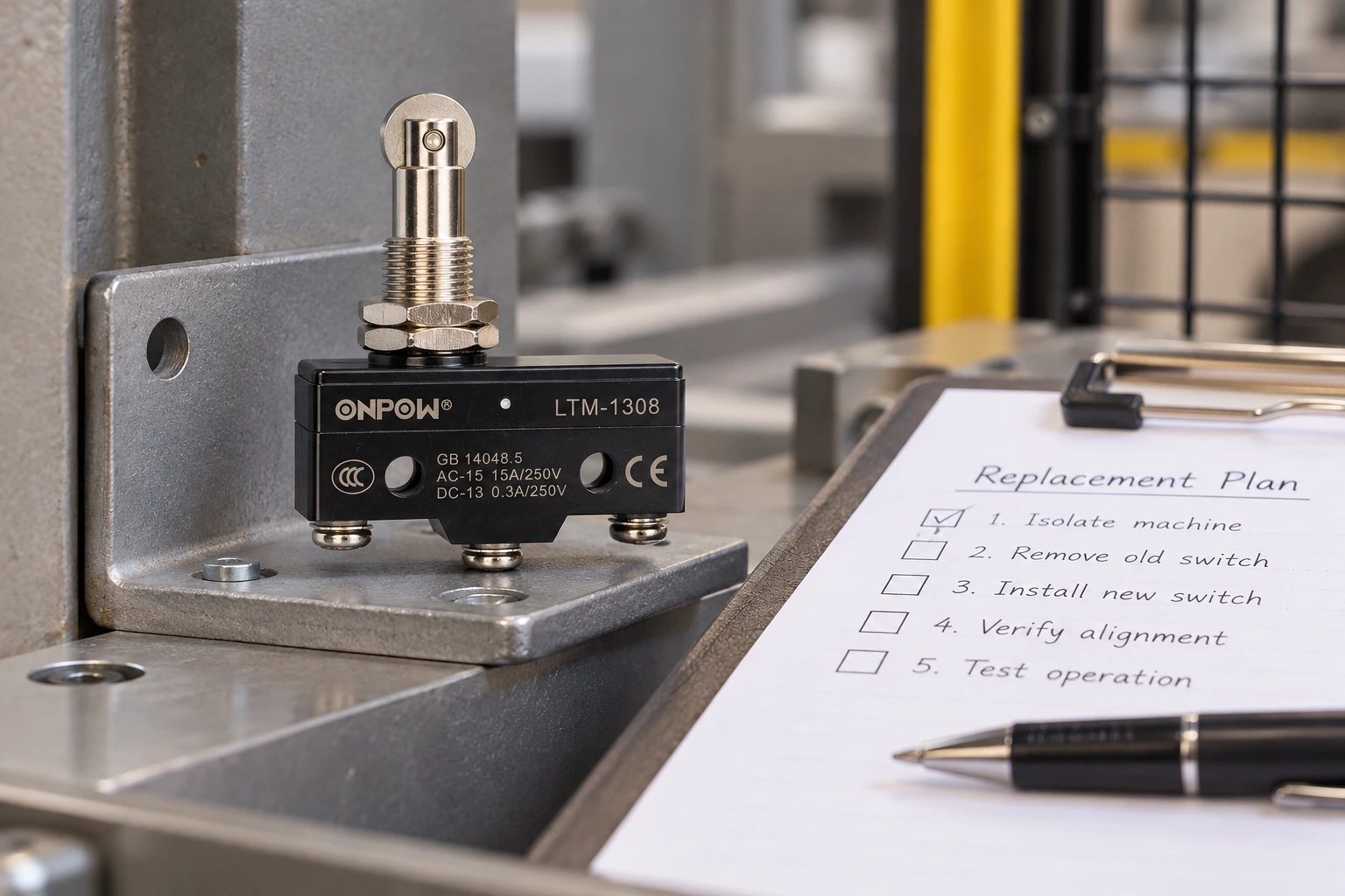 How to Replace a Limit Switch Without Changing Machine Timing — body2 ONPOW limit switch reference example for how to replace a limit switch without changing machine timing, installation planning