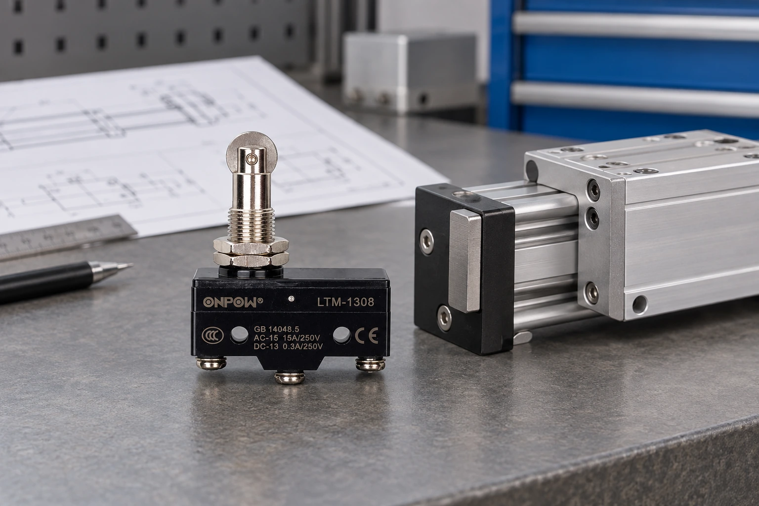 Limit Switches for Linear Actuators: Placement and Overtravel — body2 ONPOW limit switch reference example for limit switches for linear actuators: placement and overtravel, installation planning