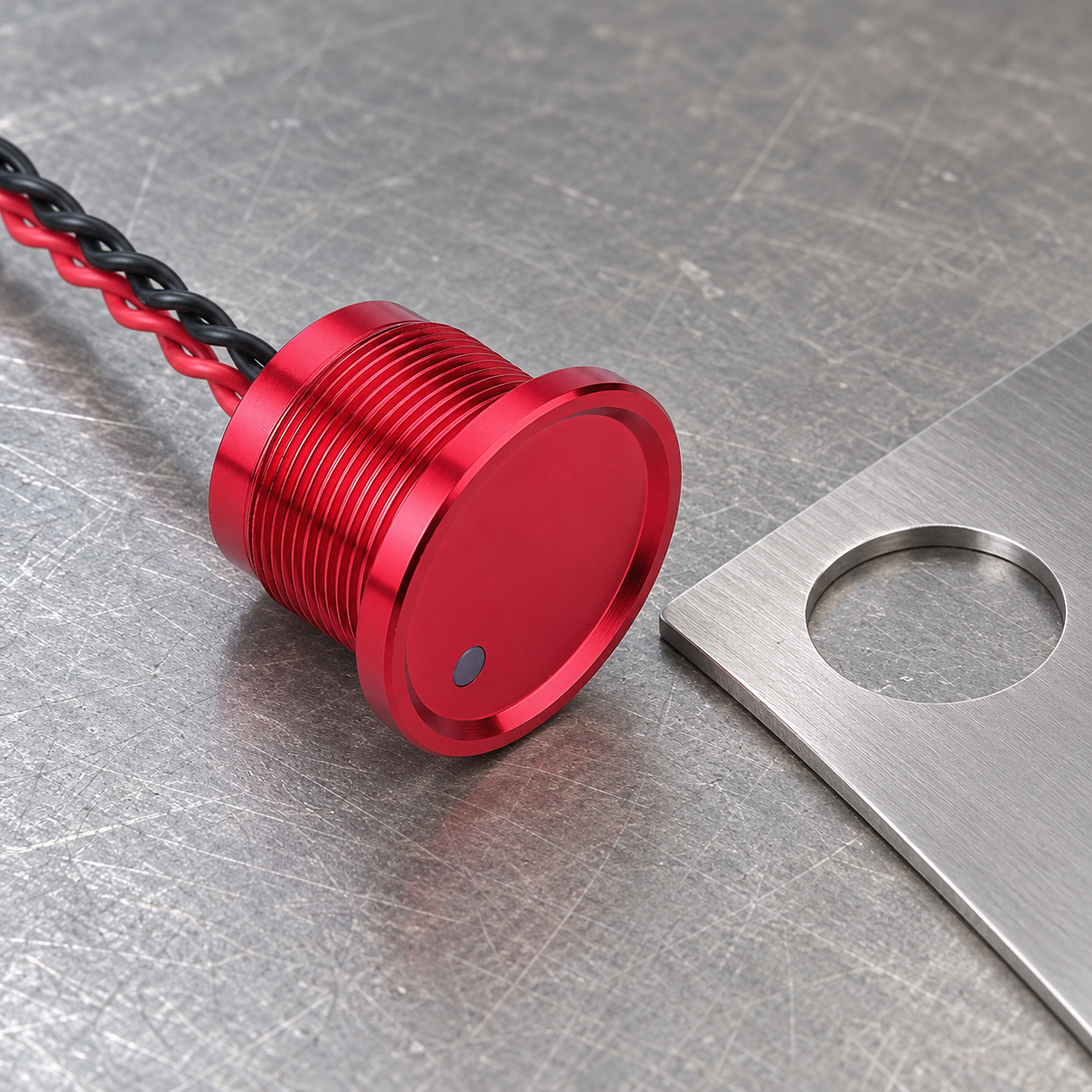 Red piezo switch beside a panel cutout Disconnected red PS223 piezo switch showing its solid red face, threaded barrel, and red and black twisted leads beside a panel coupon