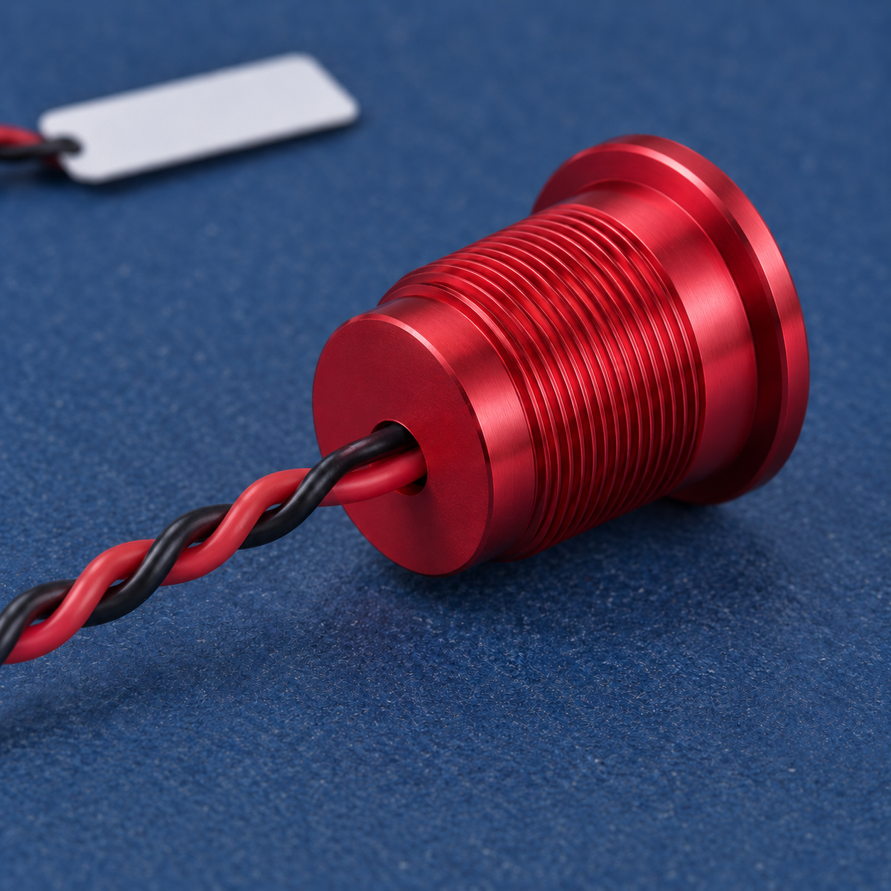 Rear lead inspection of the red PS223 piezo switch Rear view of a disconnected red PS223 piezo switch showing the original red threaded barrel and red and black twisted leads on a blue inspection mat