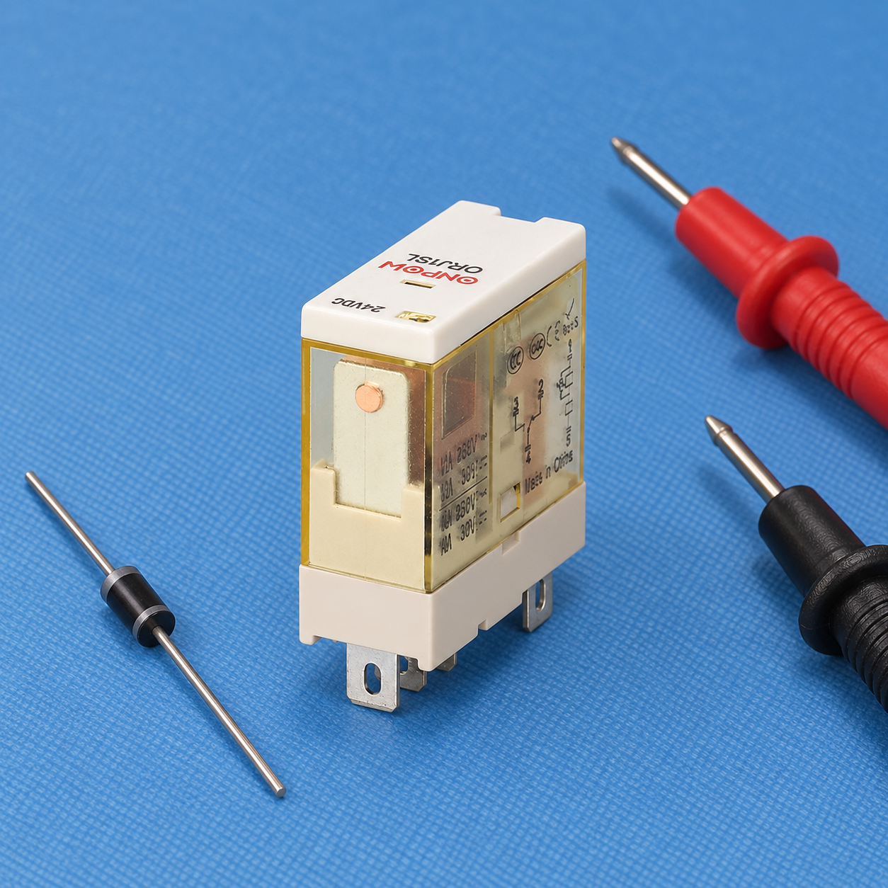 DC relay coil suppression disconnected component inspection DC relay coil suppression with the original housing and terminals visible during isolated inspection