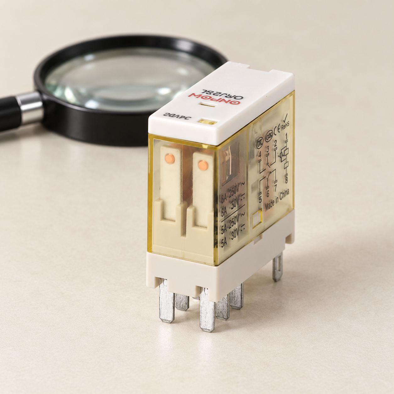 AC and DC relay coil review disconnected component inspection AC and DC relay coil review with the original housing and terminals visible during isolated inspection