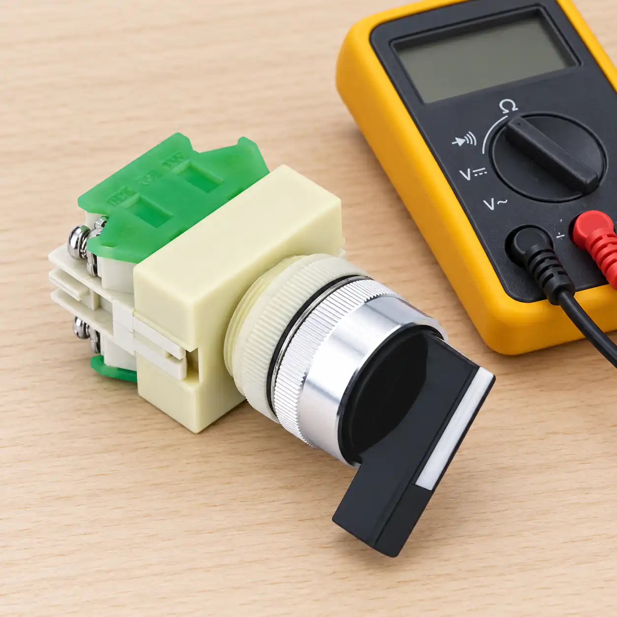 Two-position selector switch disconnected component inspection Two-position selector switch with the original housing and terminals visible during isolated inspection