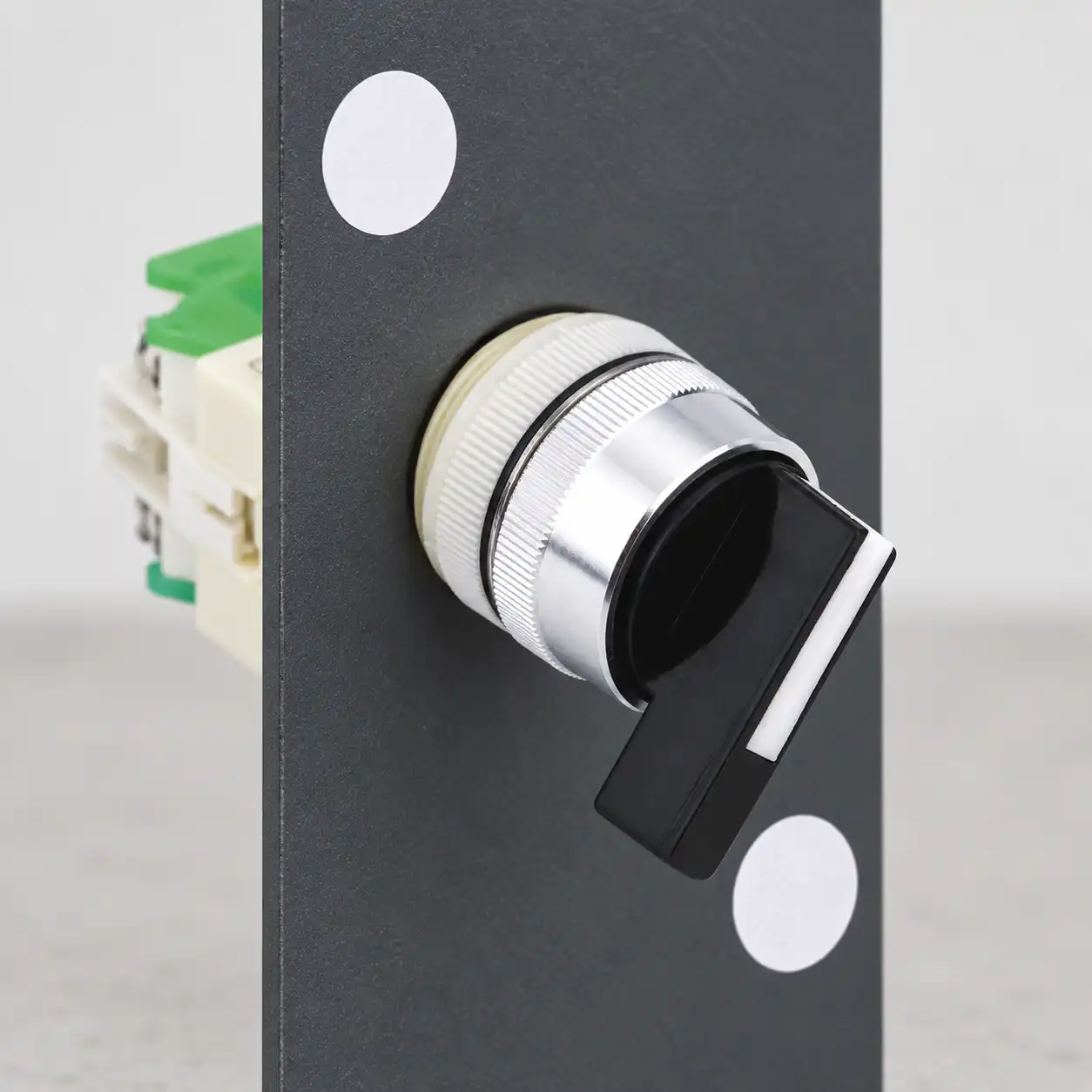 Two-position selector switch application review without energized wiring Two-position selector switch shown in a dry indoor application review with no connected power circuit