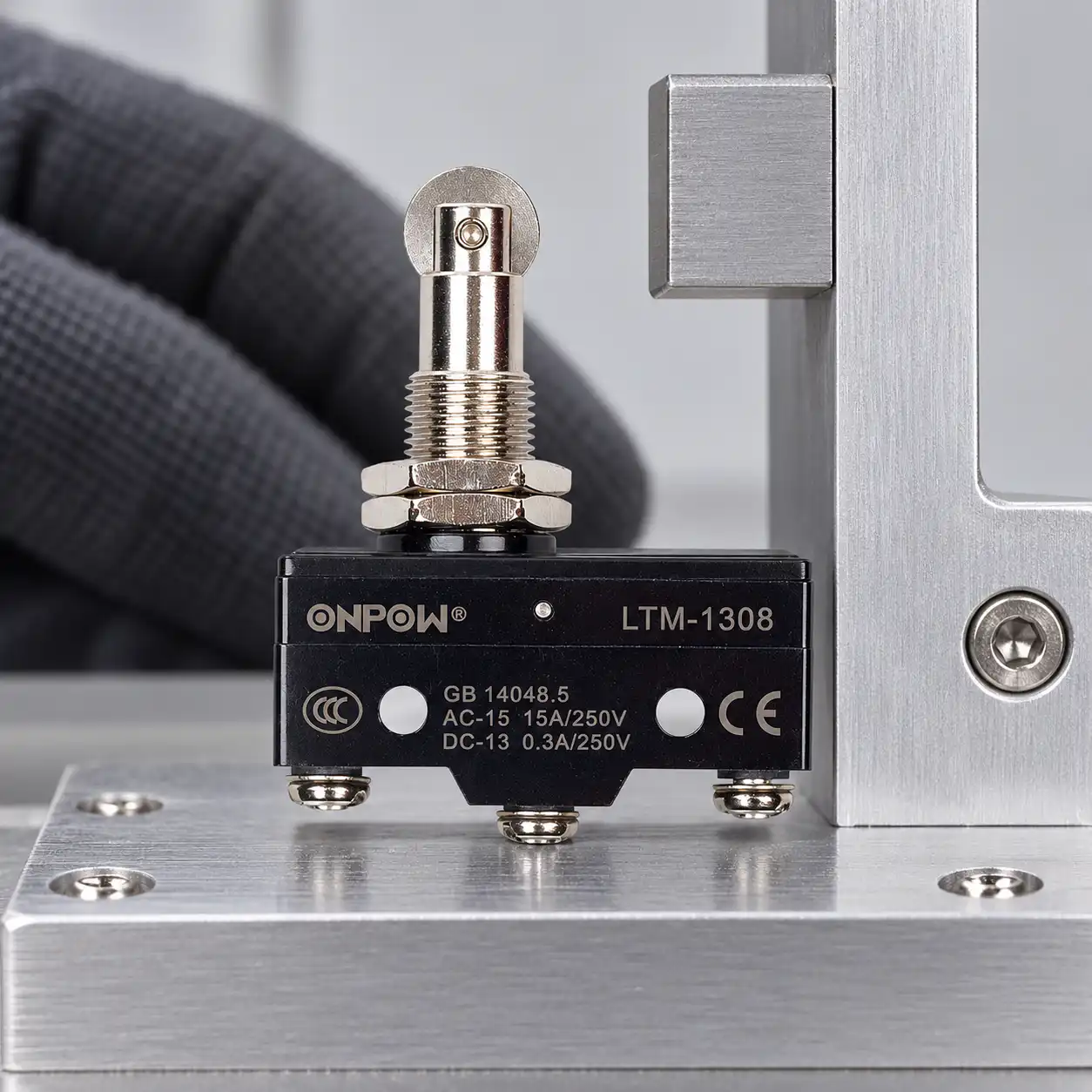 Limit contact travel switch application review without energized wiring Limit contact travel switch shown in a dry indoor application review with no connected power circuit