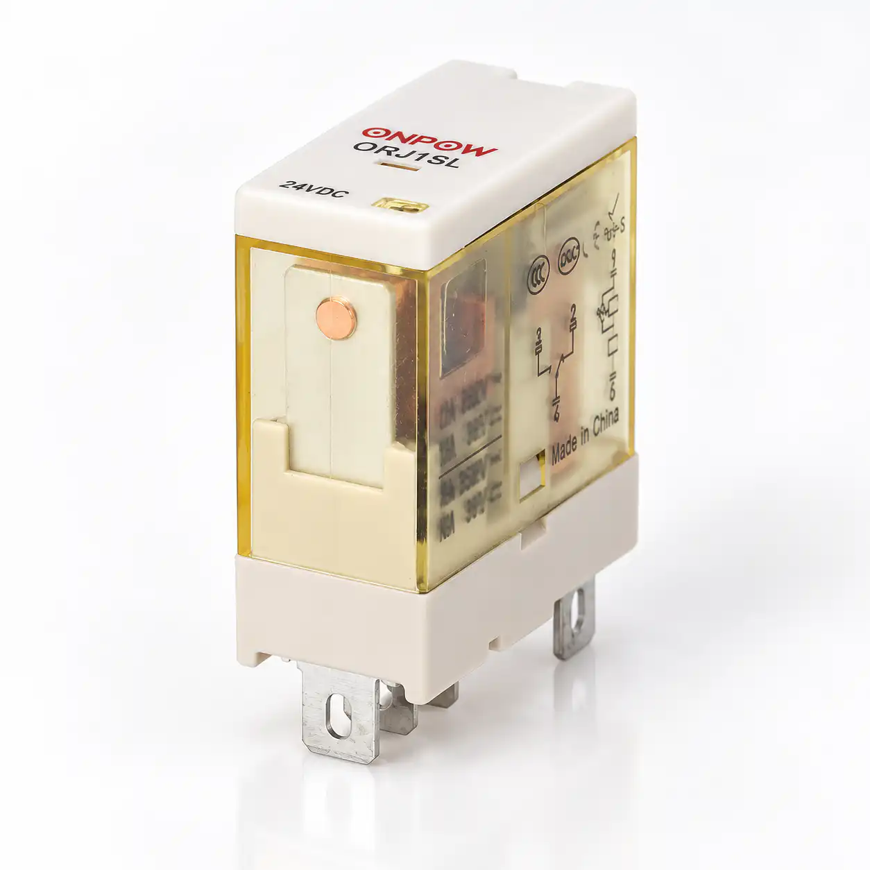 Relay resistive and inductive load rating review body1 Reference-matched transparent ONPOW relay with cream base, visible contact structure and original flat blade terminals, unpowered