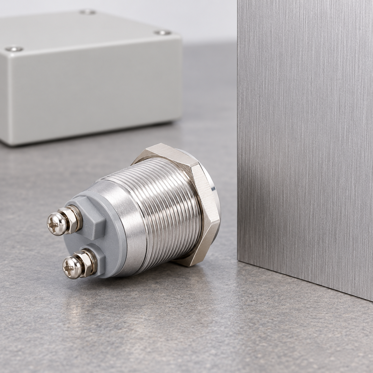 Exact GQ16B-M metal buzzer with a flat perforated face, threaded body and two original rear screw terminals, disconnected