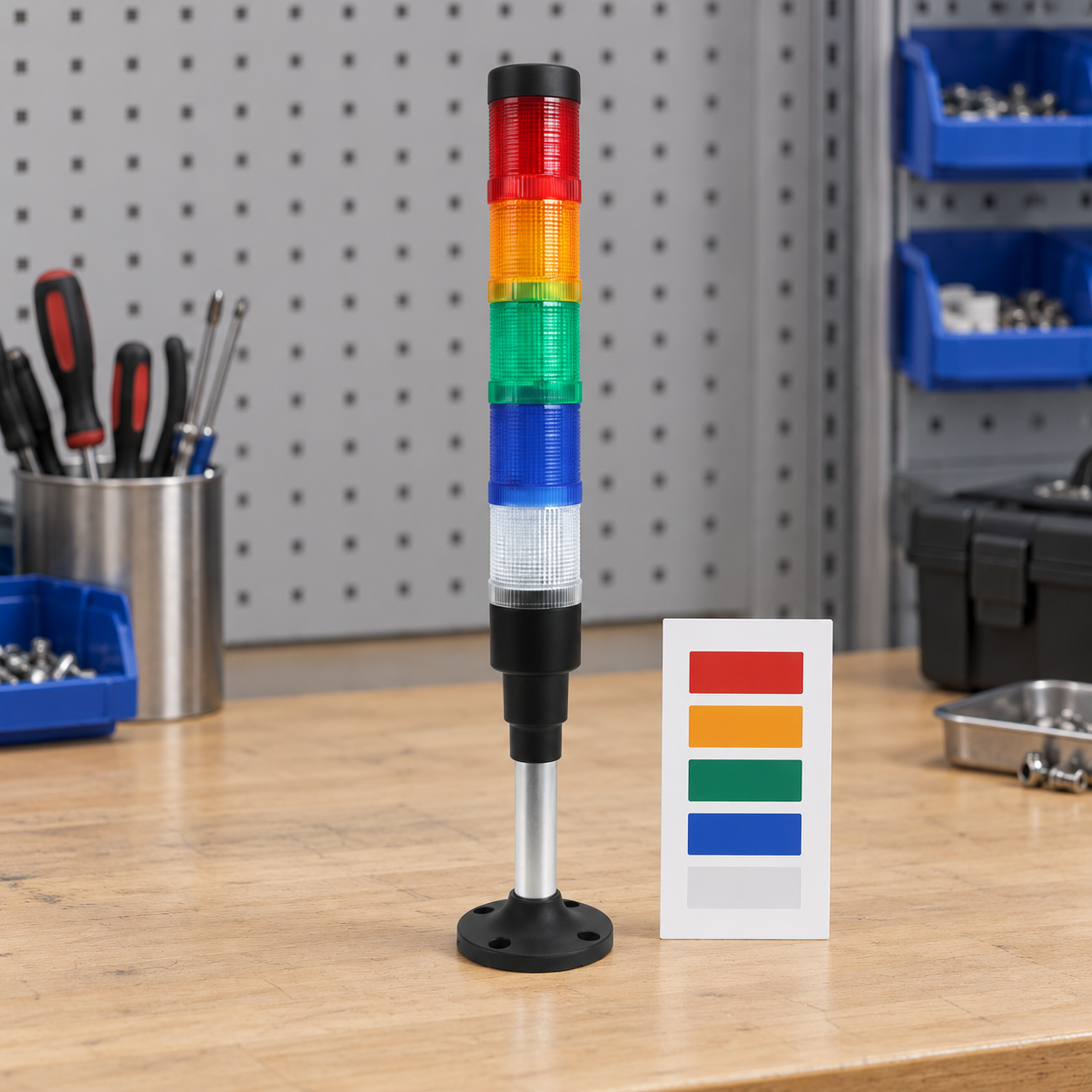 Five-tier tower light signal planning body1 Exact five-tier HBJD-55A tower with red, amber, green, blue and white lenses, original silver pole and round black mounting flange, in a dry indoor scene